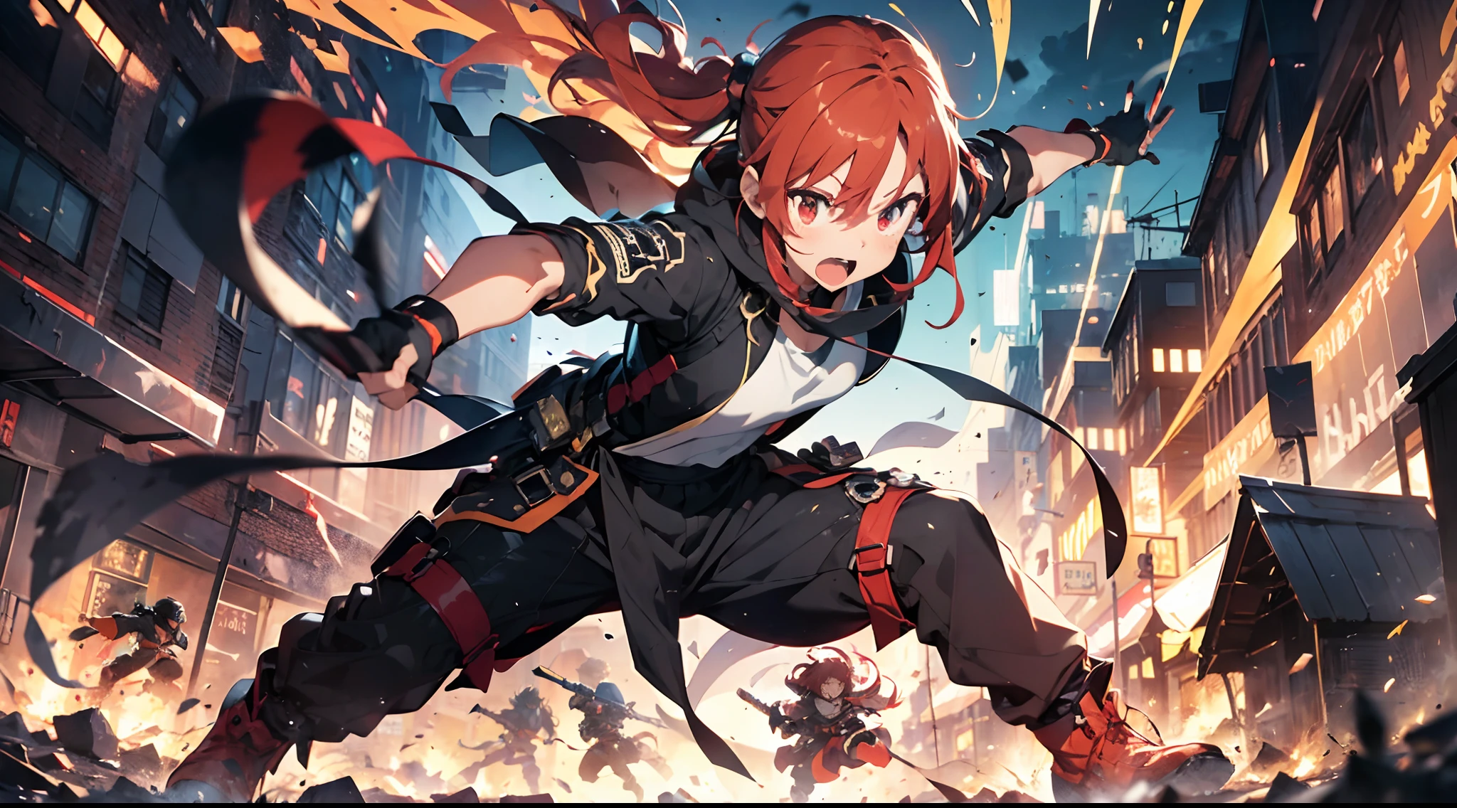 anime-style artwork of a in the midst of a dynamic fight scene OF boy . His big red eyes should emit a red neon-style light, radiating intensity and determination as he gracefully navigates the battle. His flowing firing red hair should be in motion, adding to the sense of action. The ninja attire should be meticulously designed to highlight his agility and precision in combat. Depict him mid-action, with a detailed background that conveys the chaos and excitement of the battle, whether it's against other ninjas, mythical creatures, or formidable foes. Capture the essence of the fight with dynamic poses, vivid colors, dramatic lighting, and the striking neon glow in his eyes