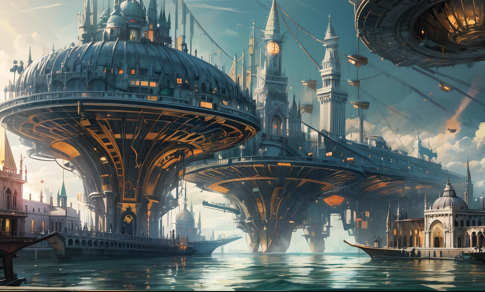 masterpiece, wide shot, panoramic, concept art, photography, solar punk theme, a futuristic ship city a top of the vast ocean, Venice inspired, volumetric lighting, reflection, global illumination, HD