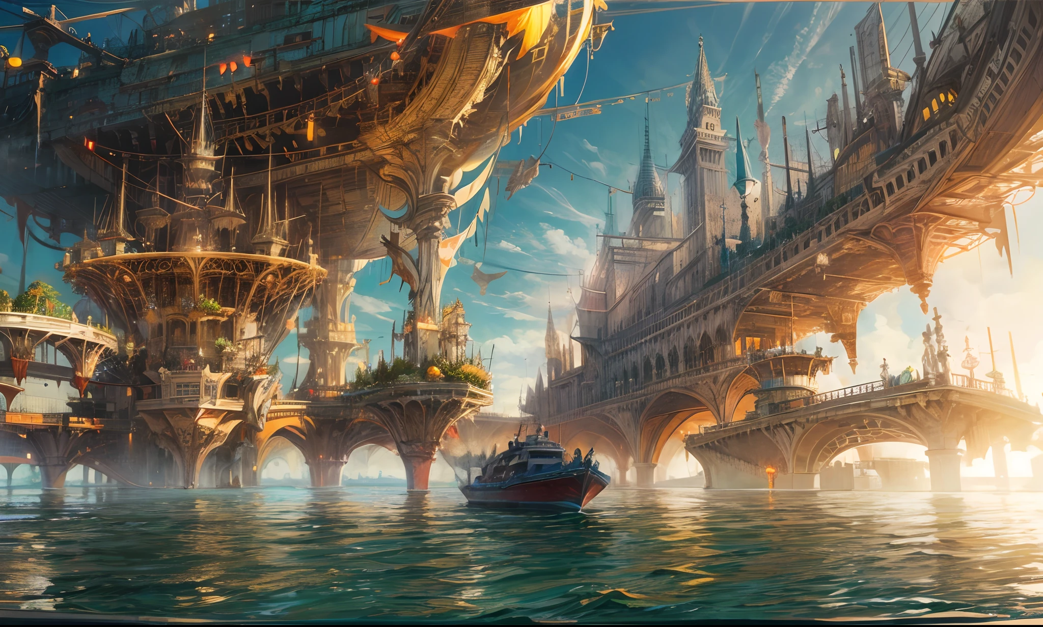 masterpiece, wide shot, panoramic, concept art, photography, solar punk theme, a futuristic ship city a top of the vast ocean, Venice inspired, volumetric lighting, reflection, global illumination, HD
