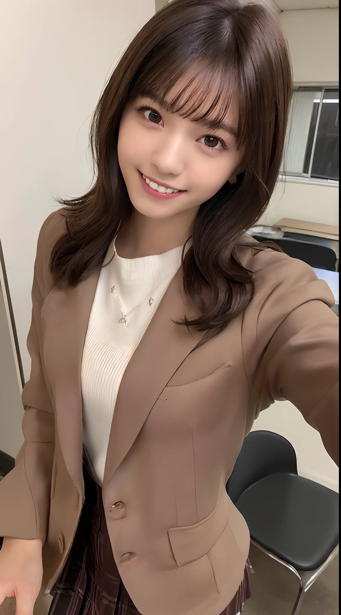 ((8K,Raw photography, top-quality, masterpiece),high definition RAW color photos professional close-up photos,(realisitic,photorealisim:1.37),(top-quality),(Best Shadows), ((up of face)),((directly in front)),A sexy, high resolution, high-definition CG unified 8K wallpapers, physically-based renderingt, Cinematographic lighting),a 18 year old girl, (brown blazer, high-school uniform:1.2),High School Classroom, beautiful finely detailed eyes, Light on the Face, ((up of face:1.2)), especially strong light, glowy skin, ((A dark-haired,bobhair:1.2)), (The Flash:1.2), NSFW, (Idol),((smile:1.2)),face perfect, kawaii faces,(selfie:1.2), long sleeve,
