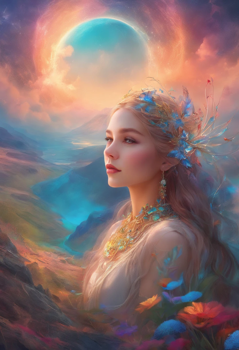 (Need)), ((tmasterpiece)), (A detailed), Close-up portrait of a transparent girl composed of mountain forest steppe,Sky rainbow background,Detail rainbow,blue-sky,(Doubleexposure:1.3),photography of:Brandon Woelfelmist,Surreal dreams,Surrealist art fantasy style,Epic digital fantasy art style