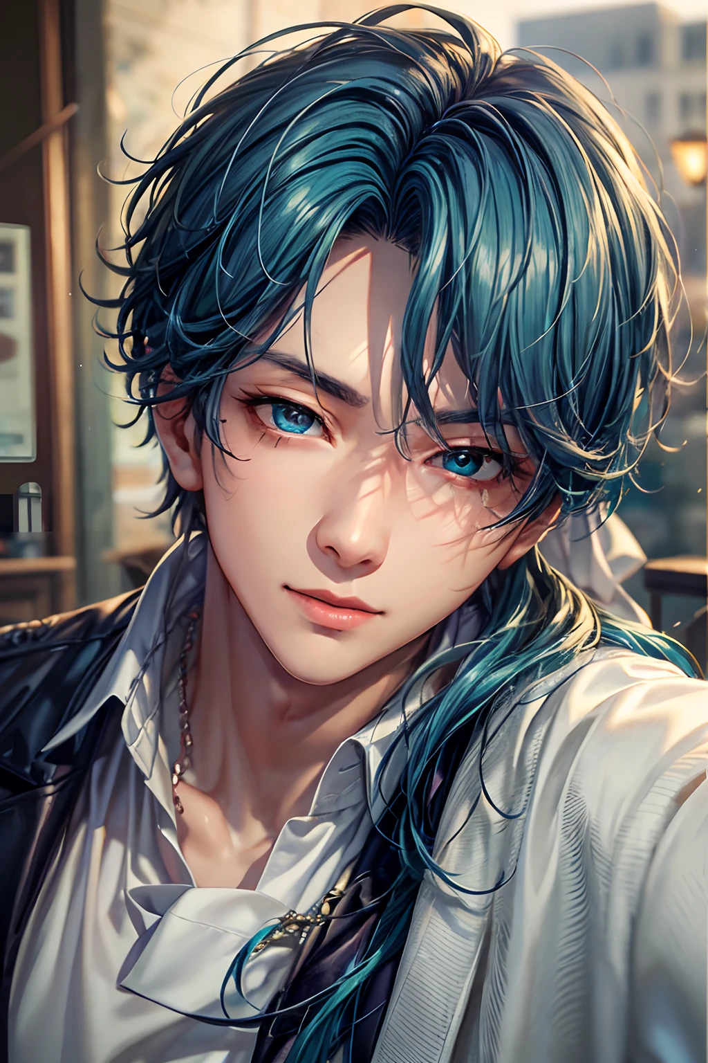 777、(hoang lap,hight resolution,Hyper-detailing,nffsw),tmasterpiece,best qualtiy,1boy ,Handsome,cabelos preto e longos,fine eyes and detailed face,white shirt,denim、Bouquet of red roses in hand、cafe terrace,Self-shot,lightsmile,(teal eyes)
