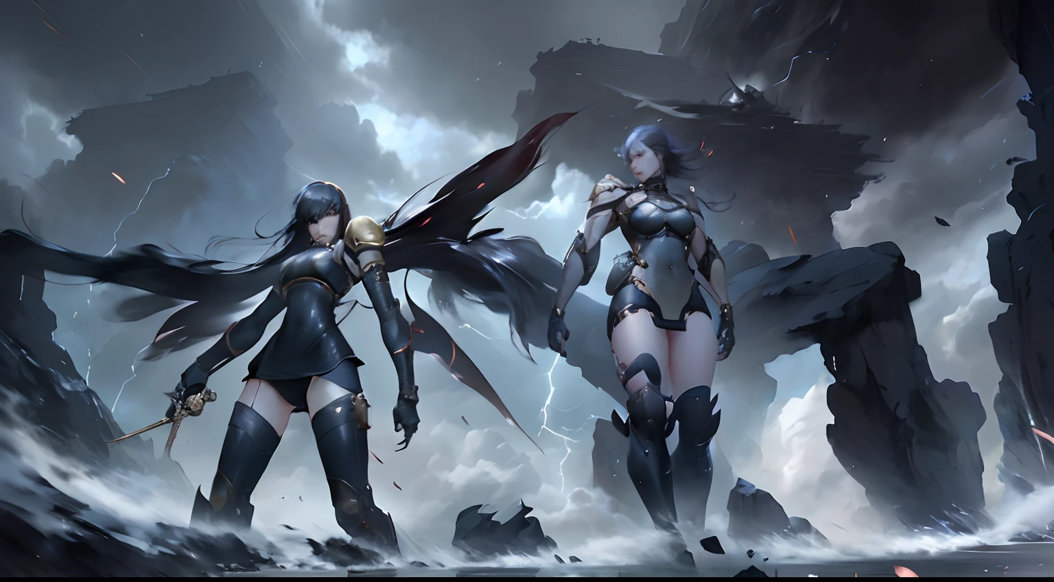 Anime - Style artwork of two female warriors in Cloud Storm, Ruan Jia and Artgerm, ross tran and bayard wu, cgsociety and fenghua zhong, krenz cushart and wenjun lin, WLOP et Artgerm, Artgerm and Ruan Jia, by Yang J, aion, From Lineage 2