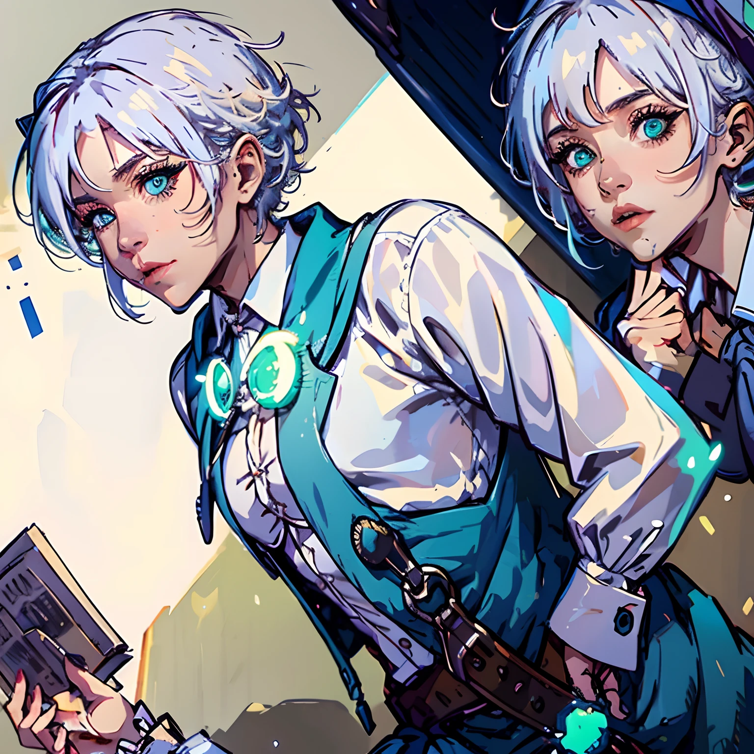 ,1man, industrial London, white hair, green eyes, victorian clothes, mage, alchemist