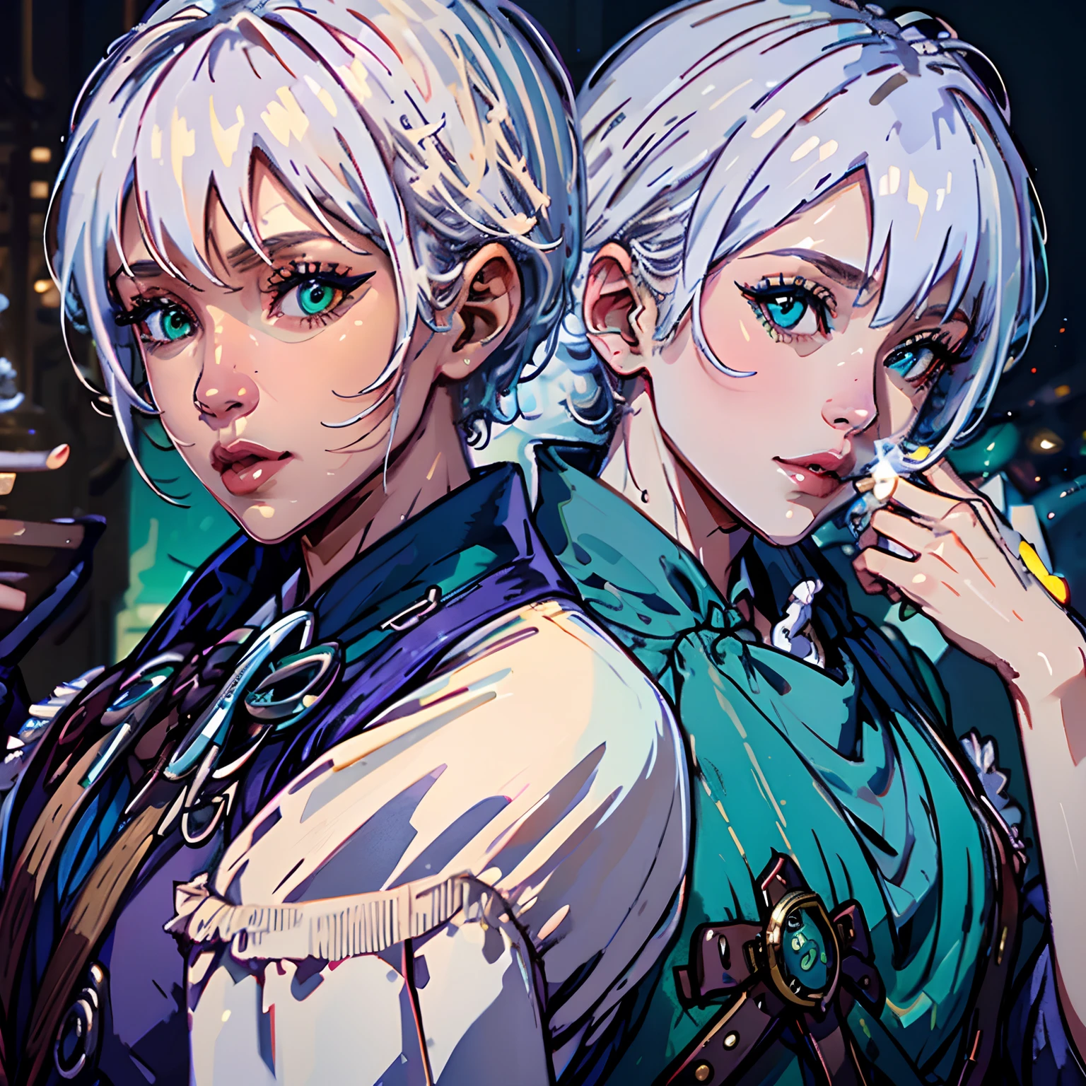 ,1man, industrial London, white hair, green eyes, victorian clothes, mage, alchemist