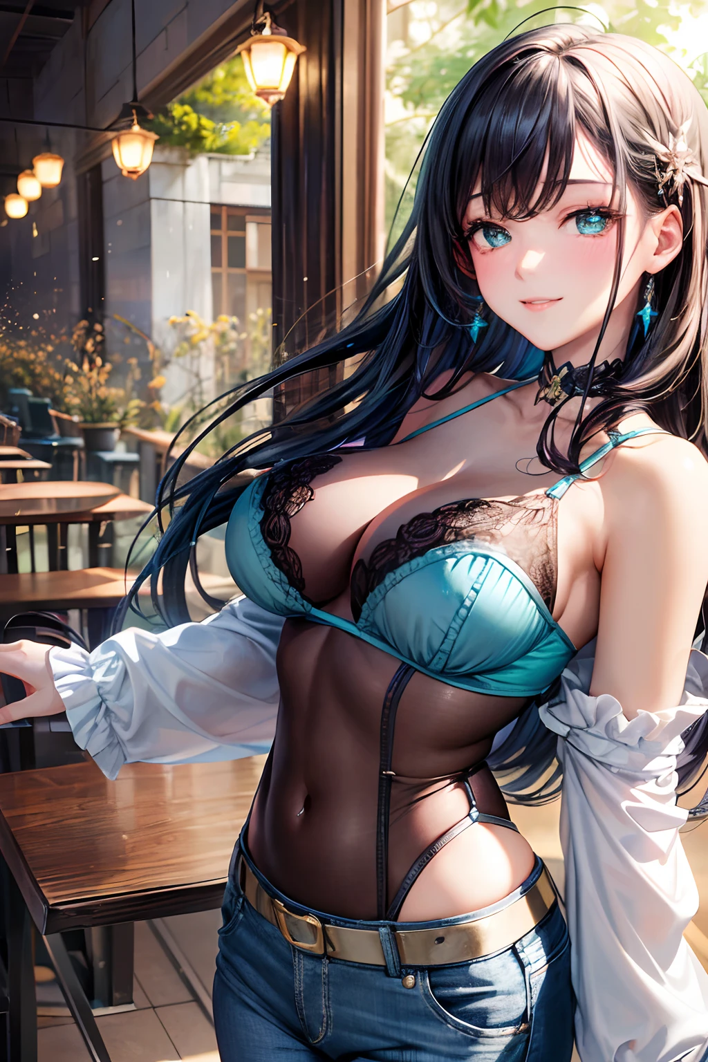 (hoang lap,hight resolution,Hyper-detailing,nffsw),tmasterpiece,best qualtiy,1girll ,Handsome,cabelos preto e longos,A detailed face,A dark-haired、Blouses with ruffles、cafe terrace,date、denim pant、full body Esbian、Dimples、,Glorious glitter、Self-shot,lightsmile,(teal eyes)