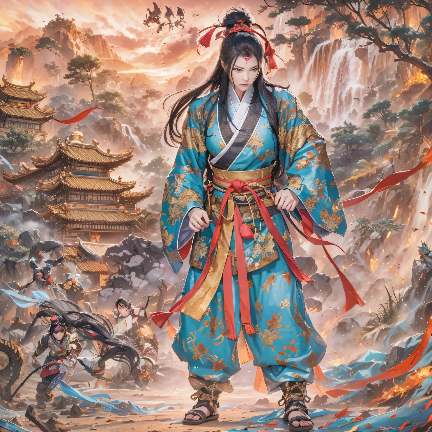 In order to obtain the oracle of destiny, The demon invaded the Aoba family，The leader of the demon clan personally went down to fight Ye Xingyun, But in the end, He was defeated by Ye Xingyun in one move, At the same time, King Qi, Jiang Shang, Come to Ningcheng，Finally recognized Ye Xingyun's father and son, And found that Ye Xingyun is a rare eight-vein missing constitution, This is extremely beneficial to cultivating the Jiang Family Ancestor Extreme Heavenly Dao Art, But it was when Ye Xingyun was taught by King Xiuwei of Qi，When it comes to improving your cultivation, The mysterious woman An Yun suddenly appeared, In order to get the Nine Heavens Goddess Diagram on Ye Xingyun's body。, She took it away with a valve technique, but accidentally got involved in the grudge between the demon and Ye Xingyun。（Colorful ruins）Climb the streets（Doomsday Rainbow）eyes filled with angry，He clenched his fists，Rush up，Deliver a fatal blow to your opponent，full bodyesbian，Full Body Male Mage 32K（tmasterpiece，Color Ultra HD）Long flowing black hair，Campsite size，zydink， The wounded lined up in the streets（Doomsday ruins）Climb the streets， The scene of the explosion（Rainbow Doomsday ruins）， （Linen batik scarf）， Angry fighting stance， looking at the ground， Batik linen bandana， Chinese python pattern long-sleeved garment， rainbows（Abstract propylene splash：1.2）， Dark clouds lightning background，Flour flies（realisticlying：1.4），Black color hair，Flour fluttering，rainbow background， A high resolution， the detail， RAW photogr， Sharp Re， Nikon D850 Film Stock Photo by Jefferies Lee 4 Kodak Portra 400 Camera F1.6 shots, Rich colors, ultra-realistic vivid textures, Dramatic lighting, Unreal Engine Art Station Trend, cinestir 800，Flowing black hair,（（（color）））The wounded lined up in the streets（rainbows）Climb the streets，