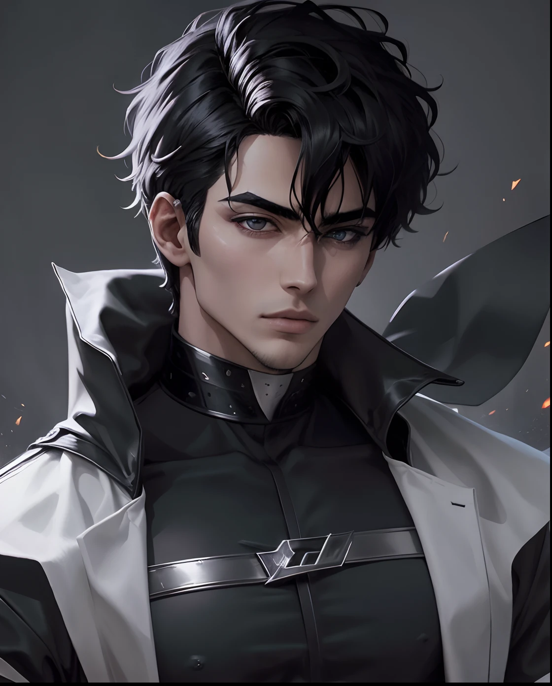 Manhwa Arte Europeo, 25 years old man, Pelo desordenado de la cabecera, Cabello negro azabache, ojos penetrantes, cejas gruesas, Llevar disfraz de vampiro, ojos amarillos, orejas punteagudas, colmillos salientes de su boca, sangre resbalando de su boca, amenazante, sexy, sensual, razor-sharp jawline, mirada penetrante, Cold and mysterious character, 8k, Detailed features, muy guapo
