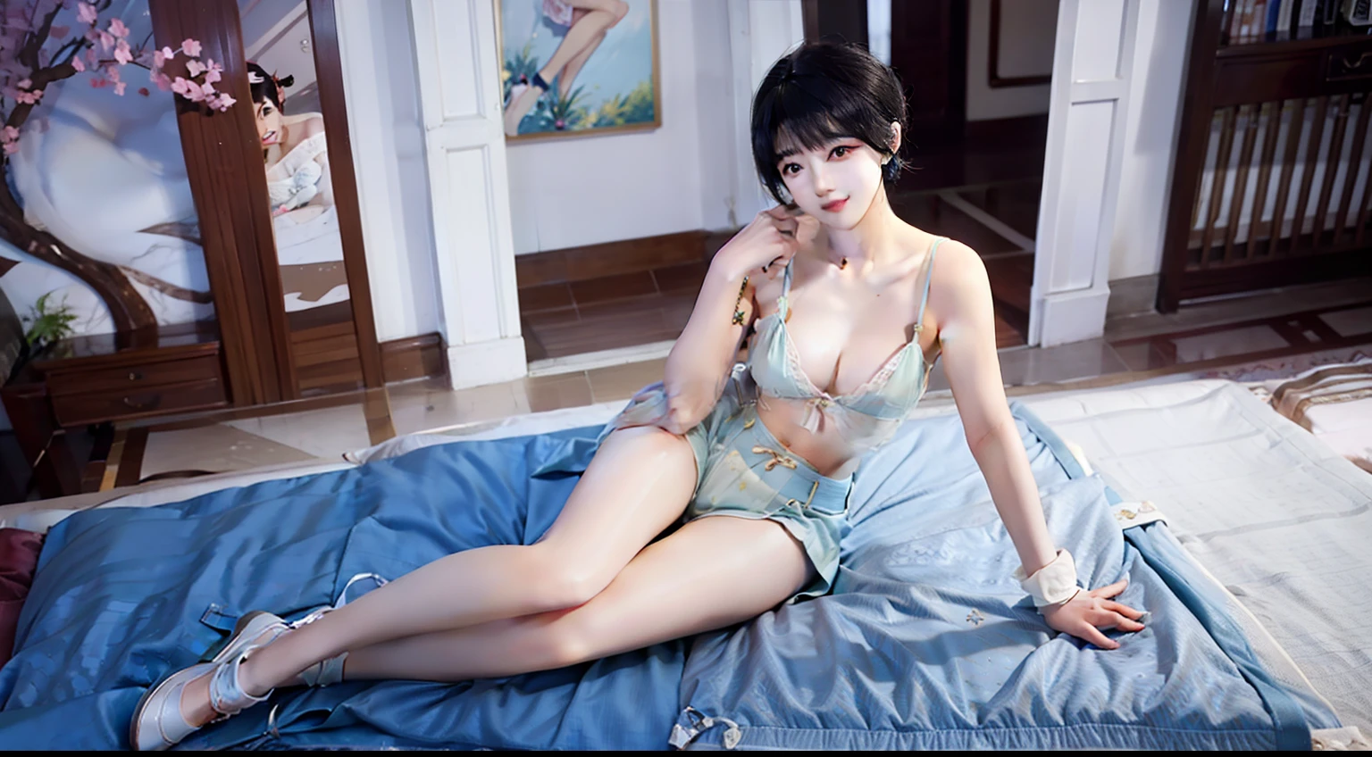 the pose、lie on one's side、ssmile、full body Esbian、Retro underwear、Colorful Bodycon、bob cuts、From above,hospitals、Opening legs