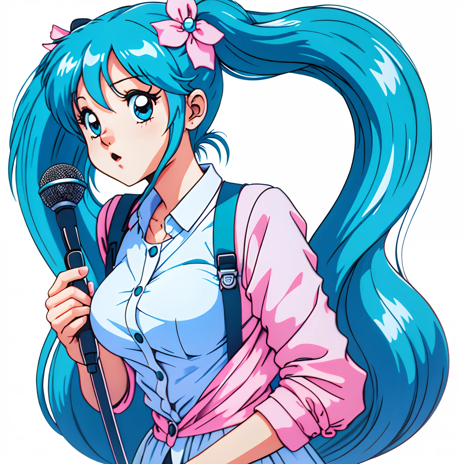 miku hatsune、Big eyes、Blue-haired、Twin-tailed、microphone、White background、Chest illustration、cute little、Shoujo manga style、without background、eyes large、locks、Large breasts、Background white、Blue hair