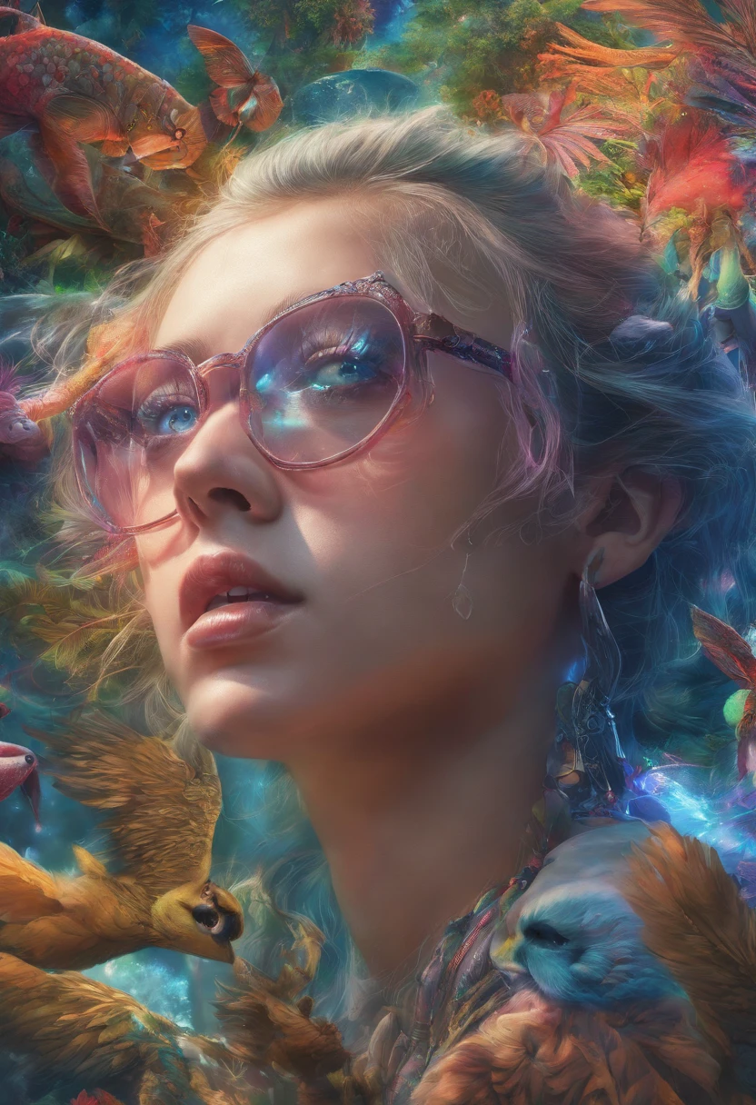 (Need)), ((tmasterpiece)), (A detailed), Close-up portrait of a transparent girl composed of mountain forest steppe,Sky rainbow background,Detailed rainbow,blue-sky,(Doubleexposure:1.3),photography of:Brandon Woelfelmist,Surreal dreams,Surrealist art fantasy style,Epic digital fantasy art style