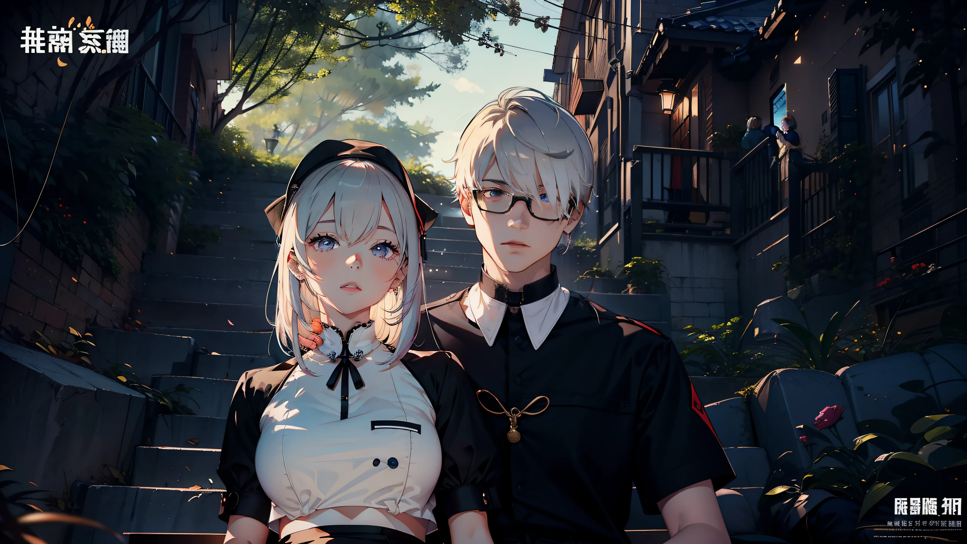 top-quality masterpiece Male and female couples Girl sitting on a chair wearing a tight skirt over a blouse。Boys hugging each other from behind。Boys wearing high school long pants uniforms with mash cut hairstyles。Without glasses、Revenge relationship