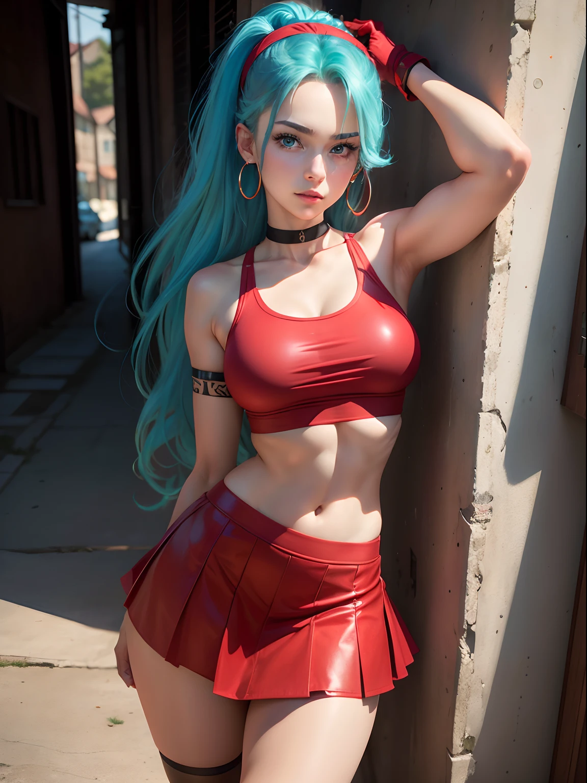 masterpiece, best quality, highest quality, photorealistic, perfect anatomy, perfect face, perfect eyes, aqua hair, brabulladbgt, red hairband, red gloves, red crop top, blue eyes, skirt, hoop earrings, choker, 1girl, standing against the wall of a street house, sexy pose