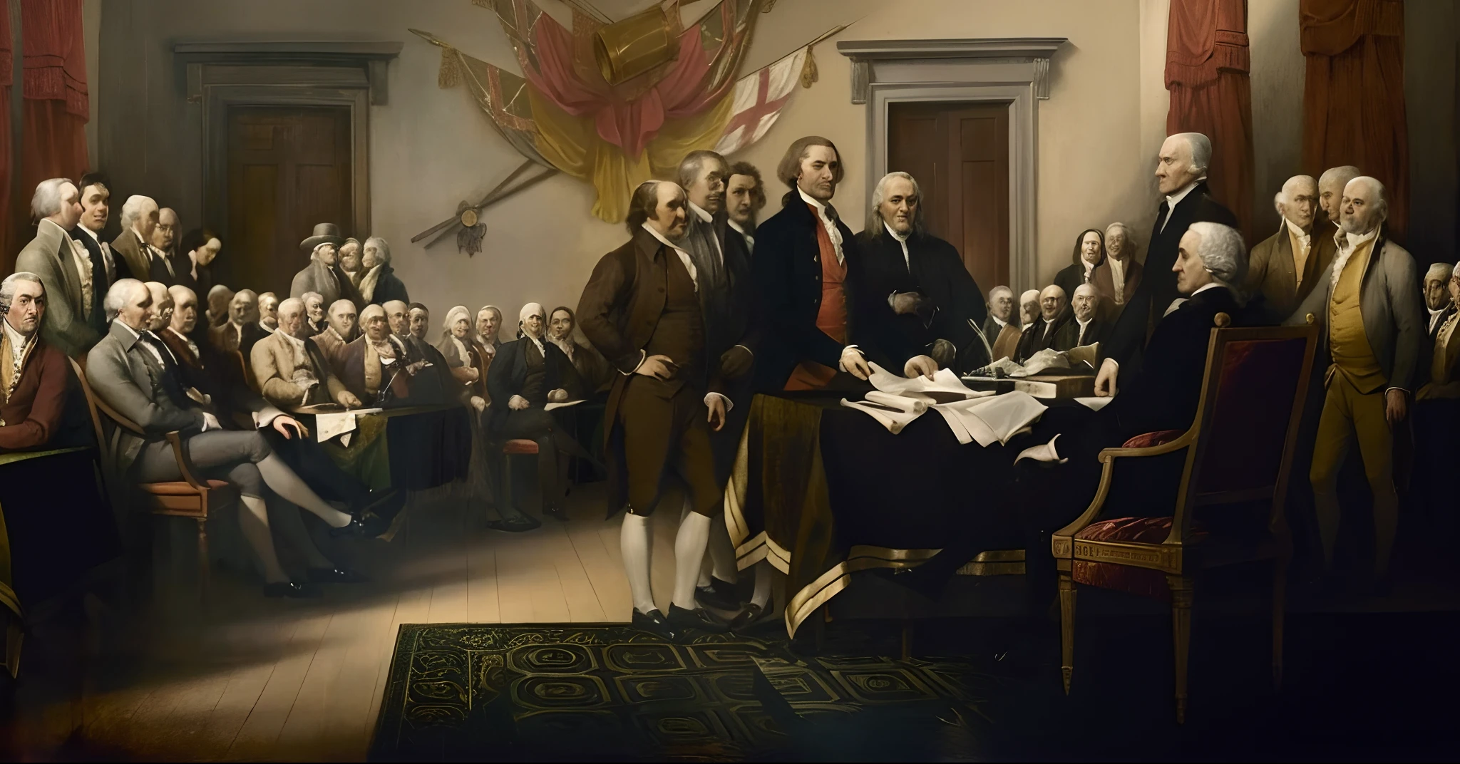 The image should depict a historic room lit by candles, com uma grande mesa de madeira no centro. Sobre a mesa, There are a variety of documents and maps scattered around, representing the important work and discussions that took place during the Second Continental Congress. Around the table, You can see men dressed in costumes from the colonial era, alguns deles usando perucas brancas e trajes formais, enquanto outros discutem e debatem. The mood in the room feels serious and focused, reflecting the importance of the issues under discussion.
