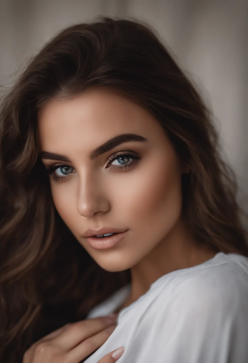 Arafed woman completely , fille sexy aux yeux bruns, ultra realist, Meticulously detailed, Portrait Sophie Mudd, cheveux bruns et grands yeux, selfie of a young woman, Dubai Eyes, Violet Myers, sans maquillage, maquillage naturel, looking straight at camera, Visage avec Artgram, Maquillage subtil, Stunning photo of full body kneeling on the bed naked, dans une chambre de luxe, Medium to large bust