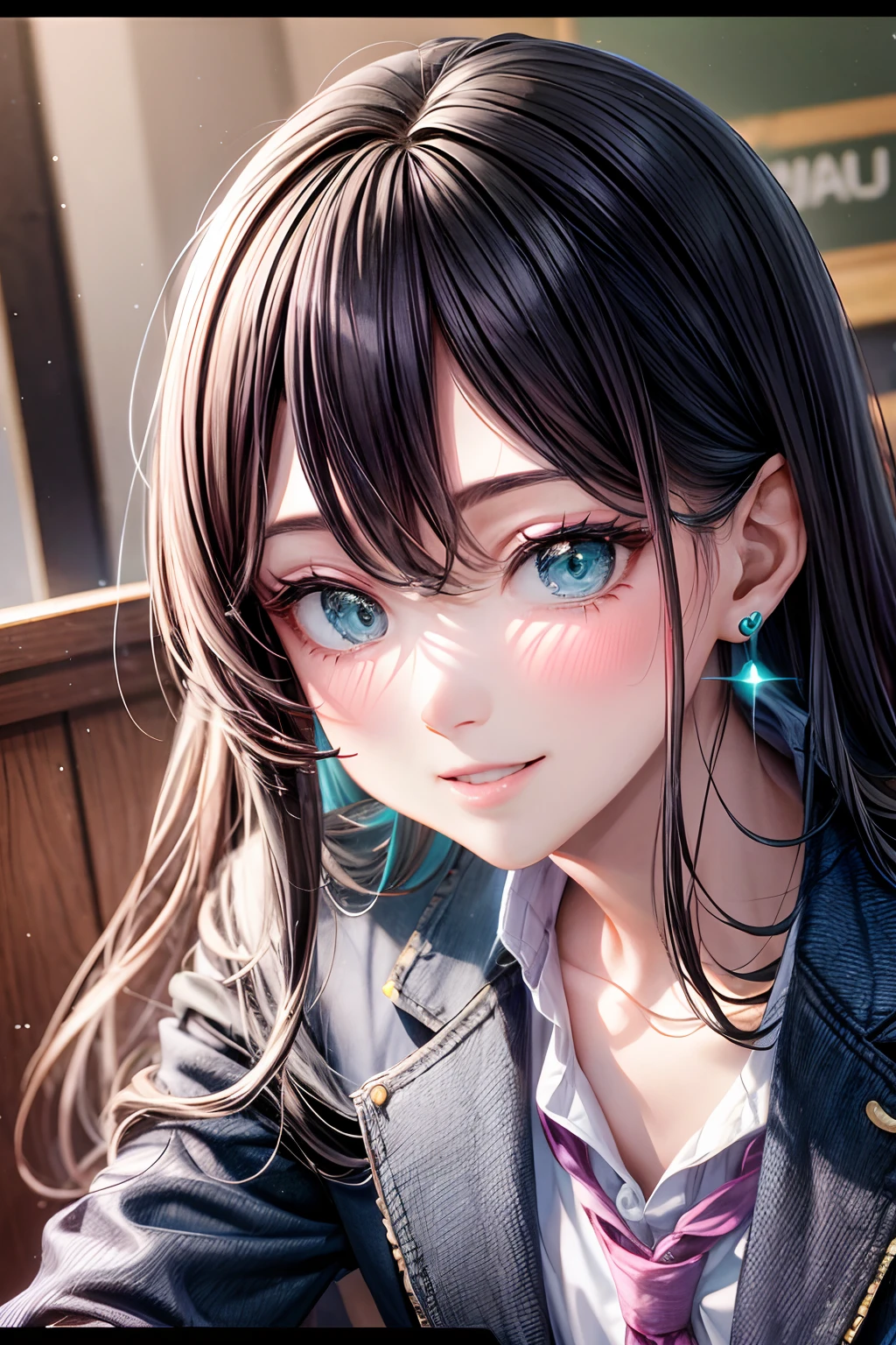 (hoang lap,hight resolution,Hyper-detailing,nffsw),tmasterpiece,best qualtiy,1girll ,Handsome,cabelos preto e longos,A detailed face,A dark-haired、High School Uniform、Dark blue blazer、Pink mini skirt、Pink tie、schools,date、denim pant、full body Esbian、Dimples、,Glorious glitter、Self-shot,lightsmile,(teal eyes)