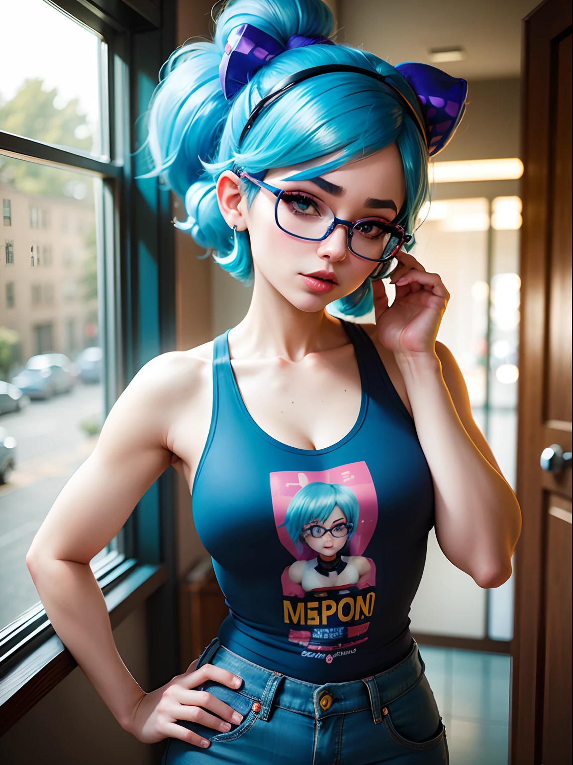 arafed woman with blue hair and glasses posing for a picture, bulma from dragon ball, anime girl cosplay, anna nikonova aka newmilky, glamourous cosplay, artgerm and lois van baarle, ig model | artgerm, amouranth, cosplay, anime girl in real life, beautiful blue haired girl, metal top and jeans