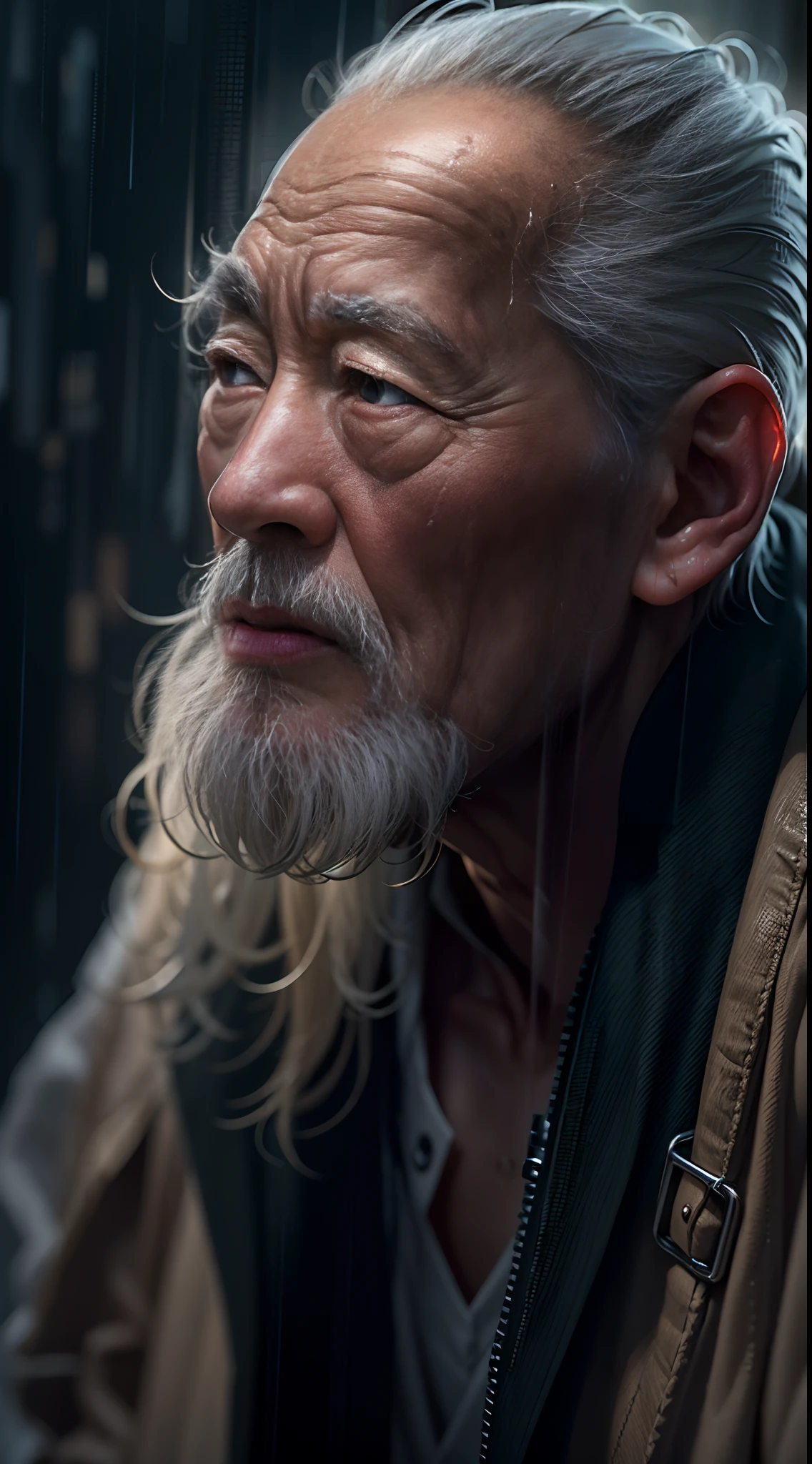 A 90-year-old Chinese grandfather walking on a rainy night,White beard and white eyebrows,Ultra-detailed detailing,Highlight the atmosphere of despair and loneliness,Ultra-realistic seniors,Aging on the face is vividly depicted,Age spots,Real wrinkles,Extreme light and shadow,Aurora chase,Extremely strong reflected light,Extreme ambient light,Hyper-realistic,tmasterpiece,Night of heavy rain,The rain drenched the whole body,(Extremely complex eye details:1.3)His face was filled with sadness and sadness1.2,(ultra-realistic realism:1.3)rendering by octane,CGSociety trends,8K,HighestQuali