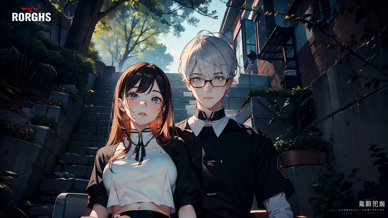 top-quality masterpiece Male and female couples Girl sitting on a chair wearing a tight skirt over a blouse。Boys hugging each other from behind。Boys wearing high school long pants uniforms with mash cut hairstyles。Without glasses、Revenge relationship
