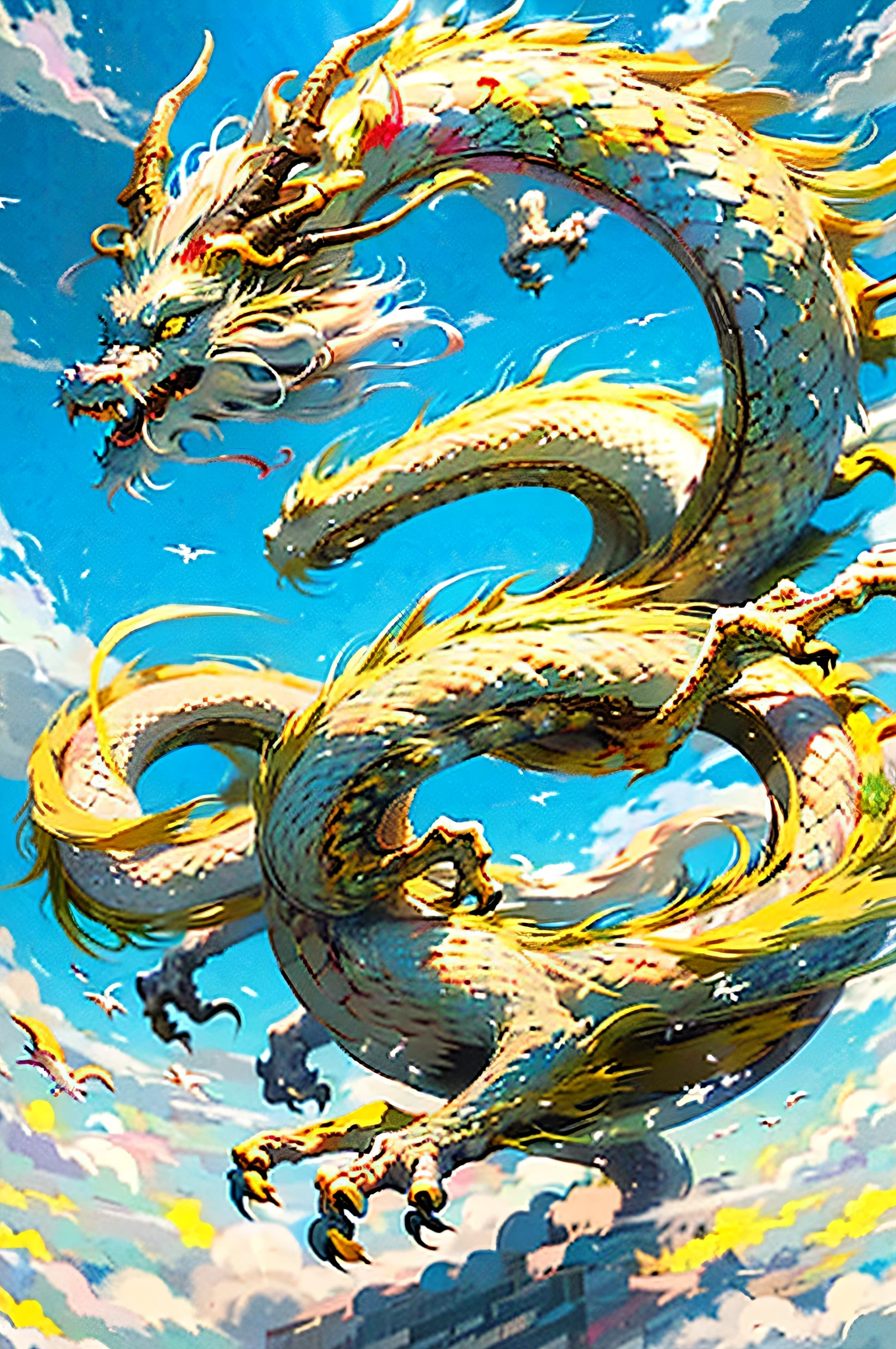 Best quality,masterpiece,ultra high res,nu no humans, (long:1.2),sky, yellow eyes, cloud, scales, eastern dragon, open mouth, sharp teeth, flying, horns, teeth, day, claws, fangs, blue sky