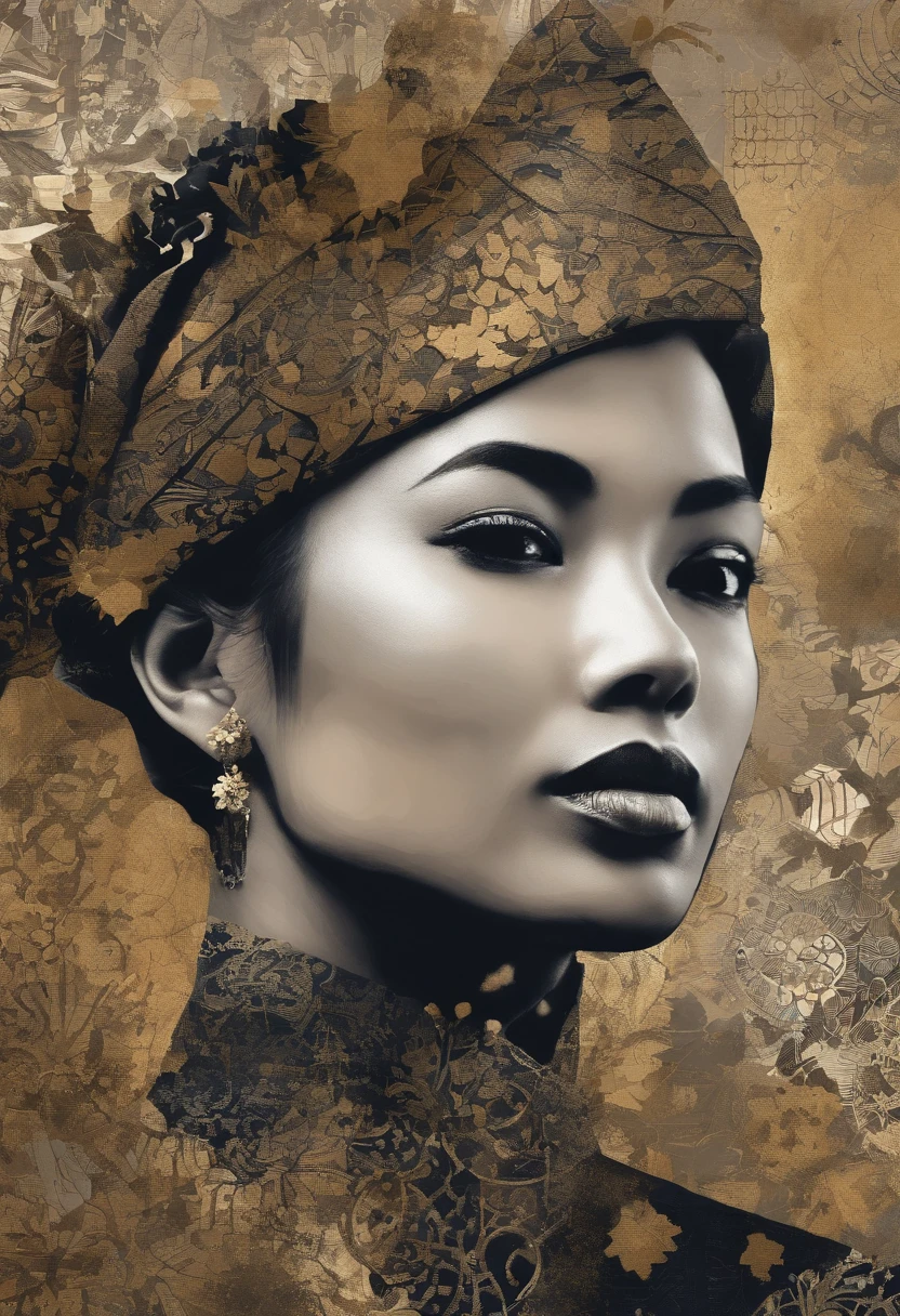 a malay woman is covered with tiny people with various acting in black, in the style of detailed atmospheric portraits, indigo and bronze, made of all of the above, social media portraiture, intricately textured, fragmented, emotive expressions,