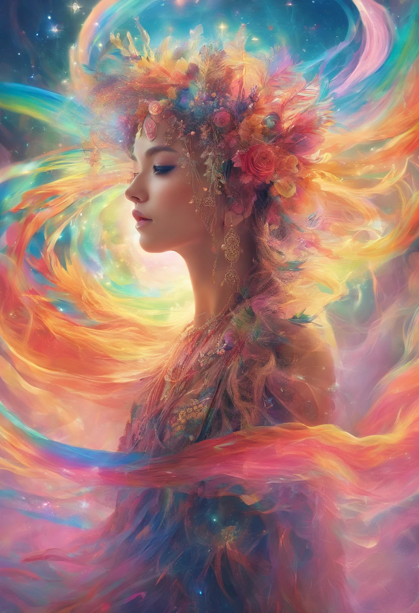 (Need)), ((tmasterpiece)), (A detailed), Close-up portrait of a transparent girl composed of mountain forest steppe,Sky rainbow background,Detailed rainbow,Blue sky rainbow,ethereal rainbows,(Doubleexposure:1.3),photography of:Brandon Woelfelmist,Surreal dreams,Surrealist art fantasy style,Epic digital fantasy art style