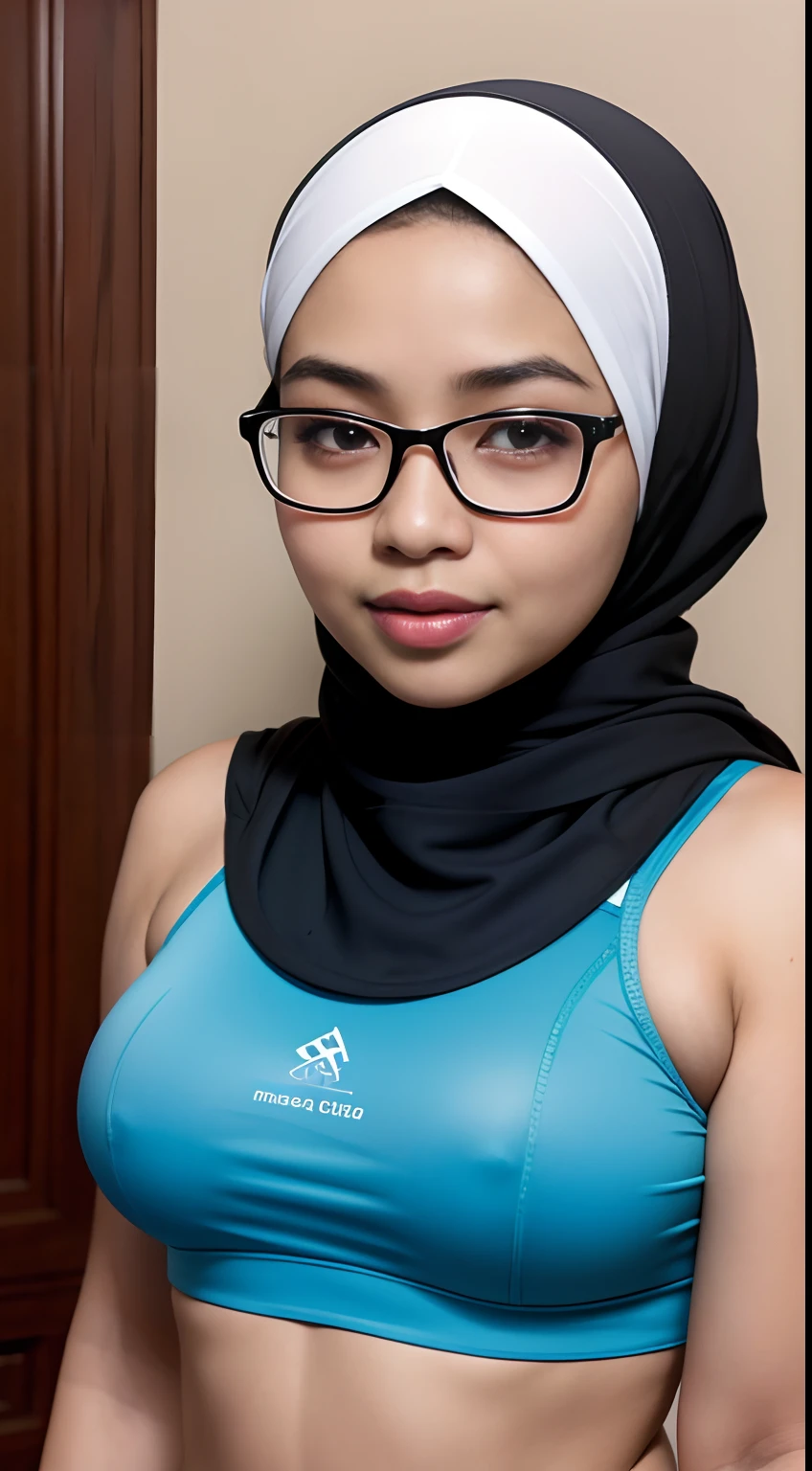 (iu:0.8),((small breast)), chubby, RAW, Best quality, high resolution, Masterpiece: 1.3, Beautiful glasses javanese woman in translucent hijab, Masterpiece, Perfect slim body, Beautiful big eyes, Soft smile, Wearing sports bra
