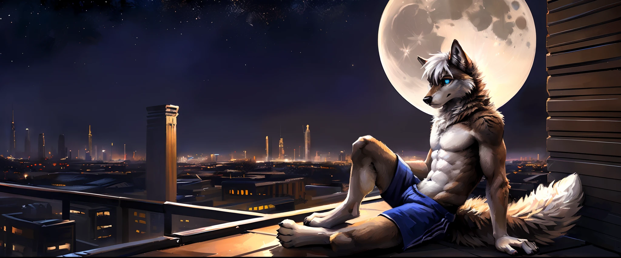 ((Solo)), male people, anthro wolf, (Multi-colored fur, White-brown:1.3, White tail pointed), ((Wolf face, White hair, Big eyes, White eyelids, Blue pupil, Slim:1.2) (Tough, Calm expression:1.2)), Abs, Slim, pinging)), (Correct body anatomy), (Work shorts:1.1), The upper body is naked, (detailed outfits),A big tail,Feet,Long legs,(Realistic fur, Detailed fur texture, labeled:1.3)), (Natural lighting), Photorealistic, Hyperrealistic, ultradetailed, by Kenket,In the modern city,Roof roof,the night,Sit alone,Look at the full moon,It was dark,Starry