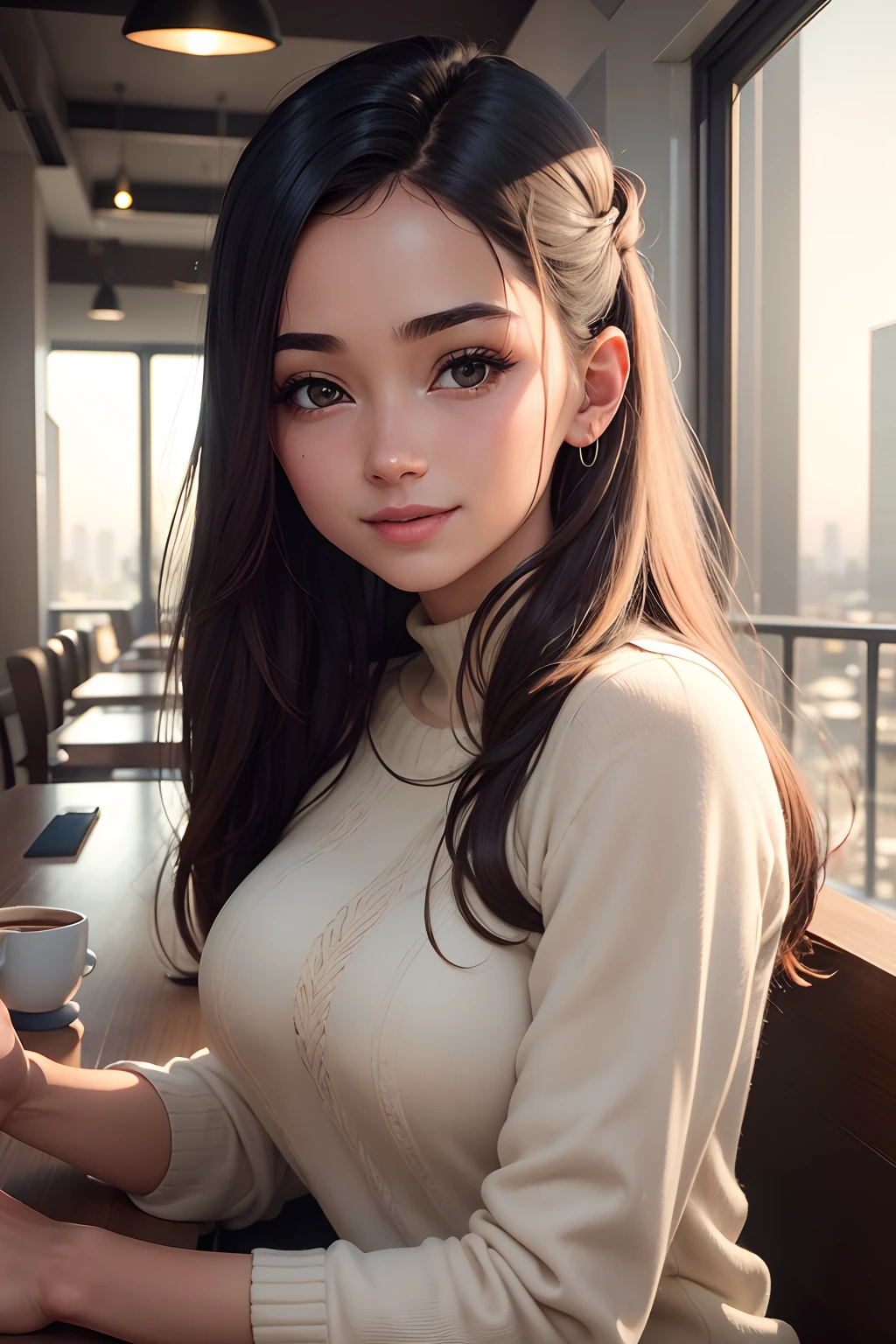 Pretty in yellow sweater (Drink coffee in a modern café at sunset), muito detalhado, 14 anos, Rosto inocente, cabelos naturalmente ondulados, olhos azuis, alta resolução, obra-prima, melhor qulaity, Detalhes intrincados, muito detalhado, foco nítido, Pele detalhada, texturaa de pele realista, textura, Olhos detalhados, Profissional, 4k, sorriso encantador, tirada com Canon, 85 millimeters, Profundidade de campo leve, Cor Kodak Vision, Corpo perfeitamente ajustado, Extremamente detalhado, fotografia_\(Ultra\), fotoRealistisch, Realistisch, Post-processing, maximum details, Rugosidade, vida real, Ultrarrealista, fotografiarrealismo, fotografiagrafia, 8k UHD, fotografiagrafia, crie uma imagem ultra-realista de uma mulher jovem com longos cabelos escuros, vestidos uma blusa branca, Looking directly into the camera with a beaming smile on his face. The lighting should be soft and highlight the details of the face in a natural way .Por favor, Demonstrate that the expression conveys joy and happiness."