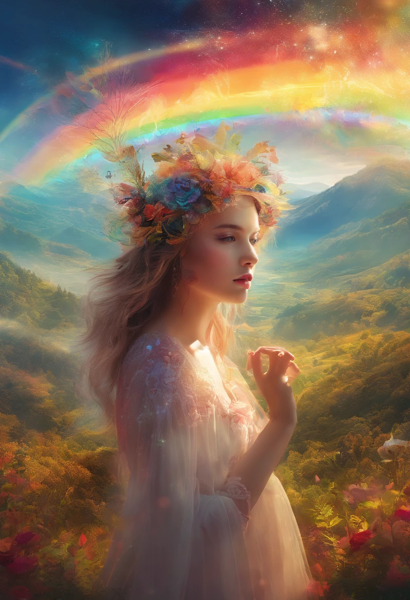 (Need)), ((tmasterpiece)), (A detailed), Close-up portrait of a transparent girl composed of mountain forest steppe,Sky rainbow background,Detailed rainbow,Blue sky rainbow,ethereal rainbows,(Doubleexposure:1.3),photography of:Brandon Woelfelmist,Surreal dreams,Surrealist art fantasy style,Epic digital fantasy art style