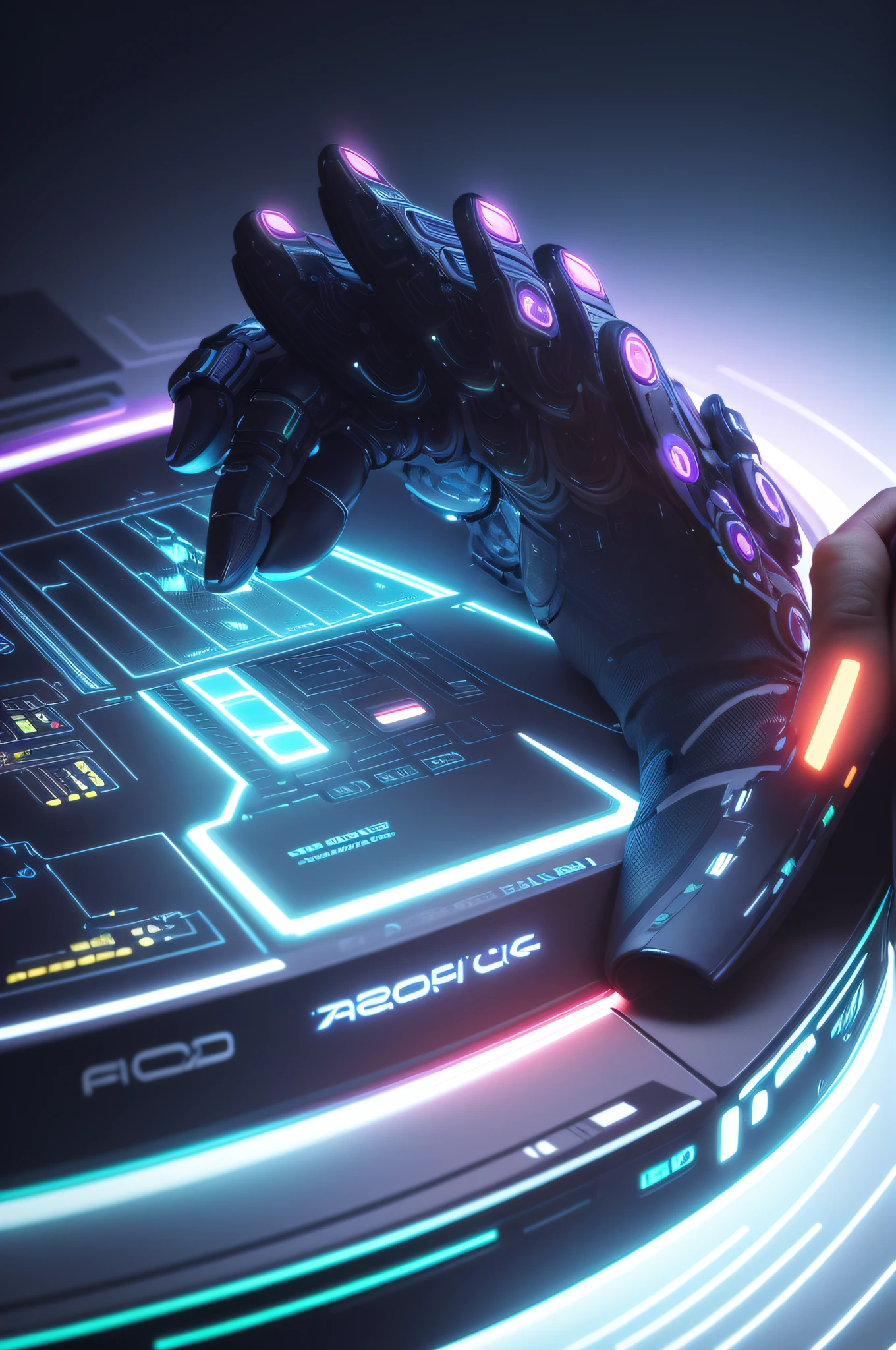 Close-up of a person touching a glowing object on a table, holographic interface, luminous cockpit, Softly illuminated control panel, sci-fi computer, computers and holograms, futuristic hi-tech details, futuristic computer, turntablism dj scratching, mechanical features and neon, Cyberpunk synthesizer, LED Horizon Zero Dawn machine