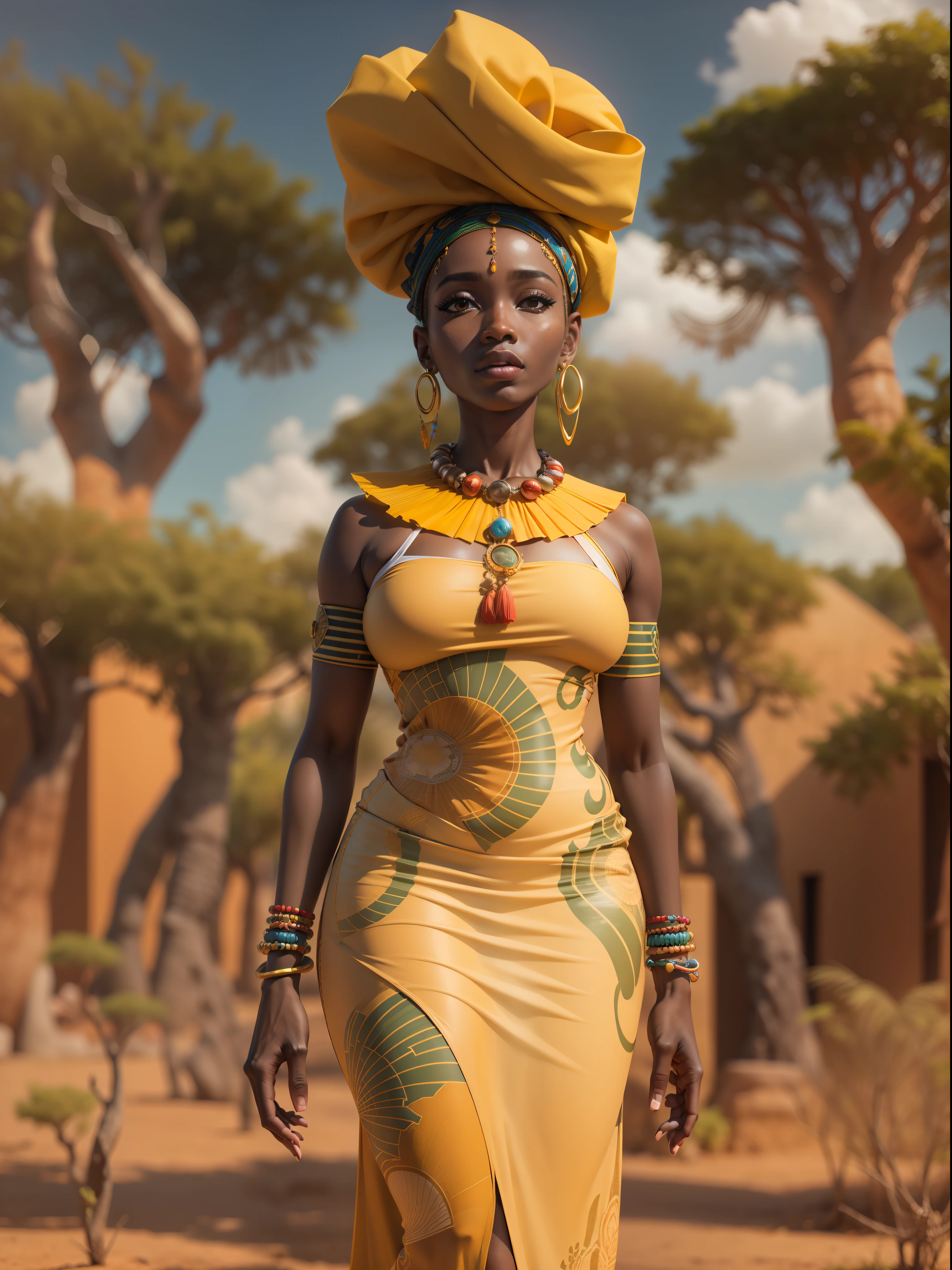 Deusa africana, Oshun, 3d, 8k, rosto deslumbrante, espelho pequeno, Corpo Perfeito, Roupas africana amarela, Baobab trees in the background