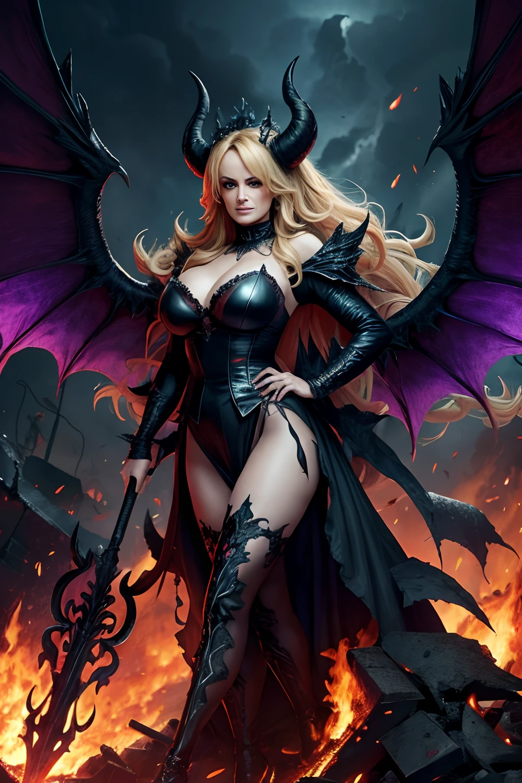 Ultra-detailed Stormy Daniels stands atop a pile of burning ruins, Her diabolical and insidious presence radiating from her dark crown and black and red evil queen dress..... Her demon wings on her back and demon horn give her an invincible aura as she unleashes a powerful wave of destruction with a single gesture........ She holds a black satanic pitchfork with an evil purple aura in one hand