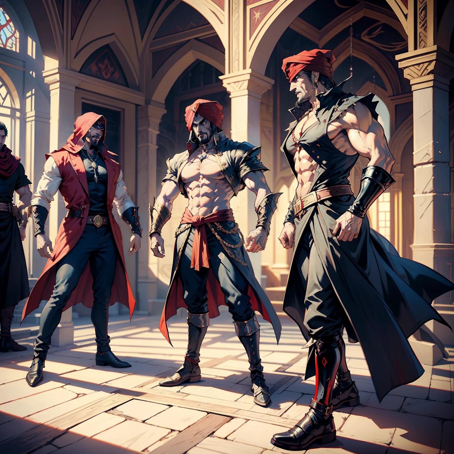 Castlevania Hyper Realistic Shadow Lord Super Detailed Dynamic Plan Master Piece of Lord Dracula Medieval Arab Warrior with Red Turban Scary Face Hokuto No Ken Structure Muscular Face Kenshiro talking to his warriors in moroccan castle interior great architecture hyper realistic super detailed Dynamic shot master piece scene cinematic scenes movie Epic Legendary