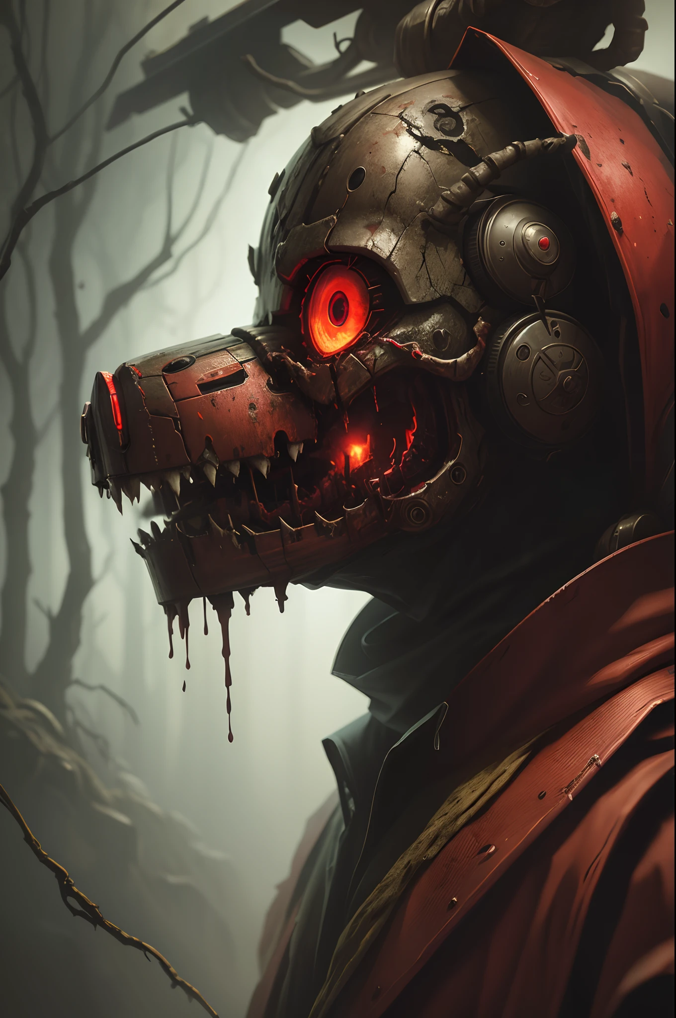 Springtrap five nights at freddy's, masterpiece, horror, dark atmosphere, red eyes, detailed shading, rotting, analog, mechanical abomination, rotting, full body view, forest setting