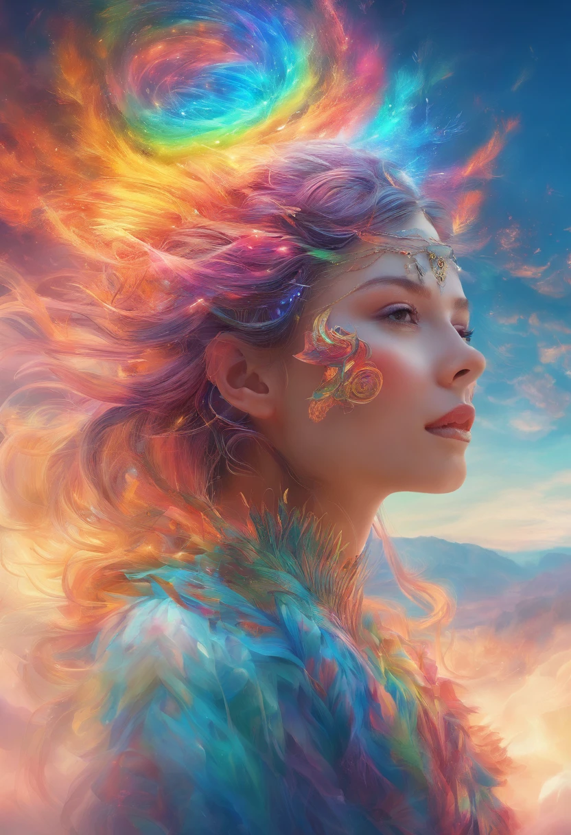 (Need)), ((tmasterpiece)), (A detailed), Close-up portrait of a transparent girl composed of mountain forest steppe,Sky rainbow background,Detailed rainbow,Blue sky rainbow,ethereal rainbows,(Doubleexposure:1.3),photography of:Brandon Woelfelmist,Surreal dreams,Surrealist art fantasy style,Epic digital fantasy art style