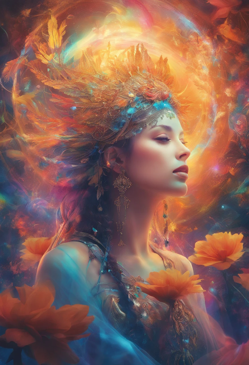 (Need)), ((tmasterpiece)), (A detailed), Close-up portrait of a transparent girl composed of mountain forest steppe,Sky rainbow background,Detailed rainbow,Blue sky rainbow,ethereal rainbows,(Doubleexposure:1.3),photography of:Brandon Woelfelmist,Surreal dreams,Surrealist art fantasy style,Epic digital fantasy art style
