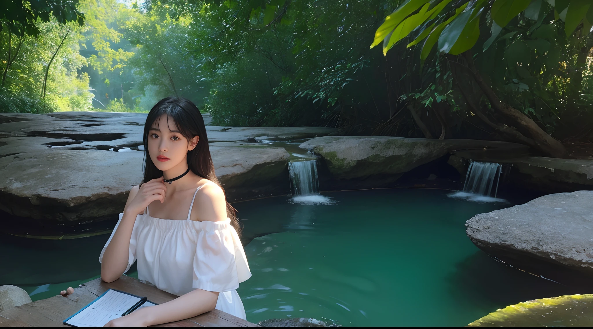 ( Best quality, Masterpiece:1.2), (Realistic, photo-realistic:1.37), 8K,illustration,(RAW photo:1.2)，（（Multiple girls）），（（（twincest））），（Black socks），sisterhood，Symmetrical_docking，long  white hair，By bangs，Epic detail，cropped shoulders，Absolutely beautiful girl，Top illustrator，Silk skirt，((Surrounded by water flow))，choker necklace，耳Nipple Ring，（Jade foot），outside，Blue Hole，Drink coffee，highest  quality，Aesthetic scene，Study desk，Outdoor view，Rained，rainy scene，Look at the wellhead，Designer painting，shadowing，Light and shadow details，8K level quality，light and shadow effect，Fine painting，Ultra HD，