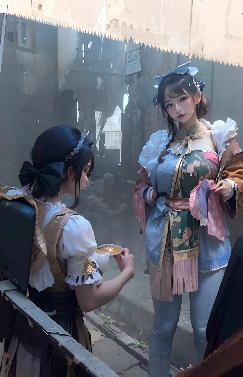 2girl, masterpiece, best quality, 8k, detailed skin texture, detailed cloth texture, beautiful detailed face, intricate details, ultra detailed, big tits, grabs tits, (a bow on her head:1.1), upper body