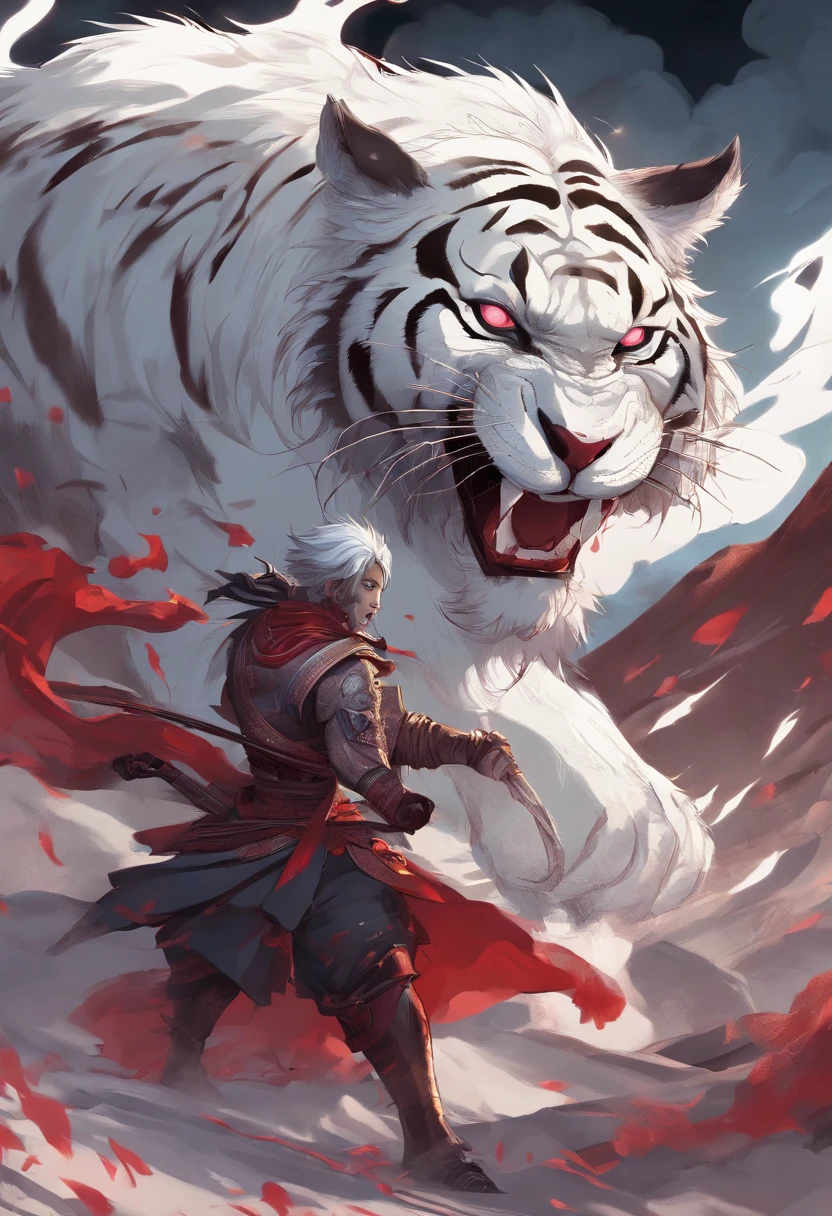 China-style,Chinese mythology,the white tiger,long fangs,(bucktooth),tosen,Ferocious,gargantuan,The eyes glow red,Glow effects,High hills,Cloud fog,the night,中景 the scene is,Full body like, highly detailed surreal vfx,oc rendered, - AR 16:9 --q 2 --s 1000