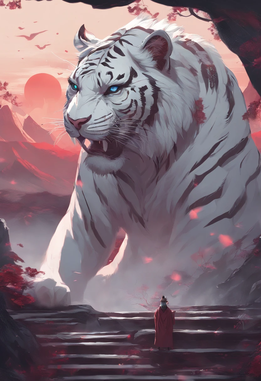 China-style，Chinese mythology，the white tiger，long fangs，（bucktooth），tosen，Ferocious，gargantuan，The eyes glow red，Glow effects，High hills，Cloud fog，the night，中景 the scene is，Full body like， highly detailed surreal vfx，oc rendered， - AR 16:9 --q 2 --s 1000