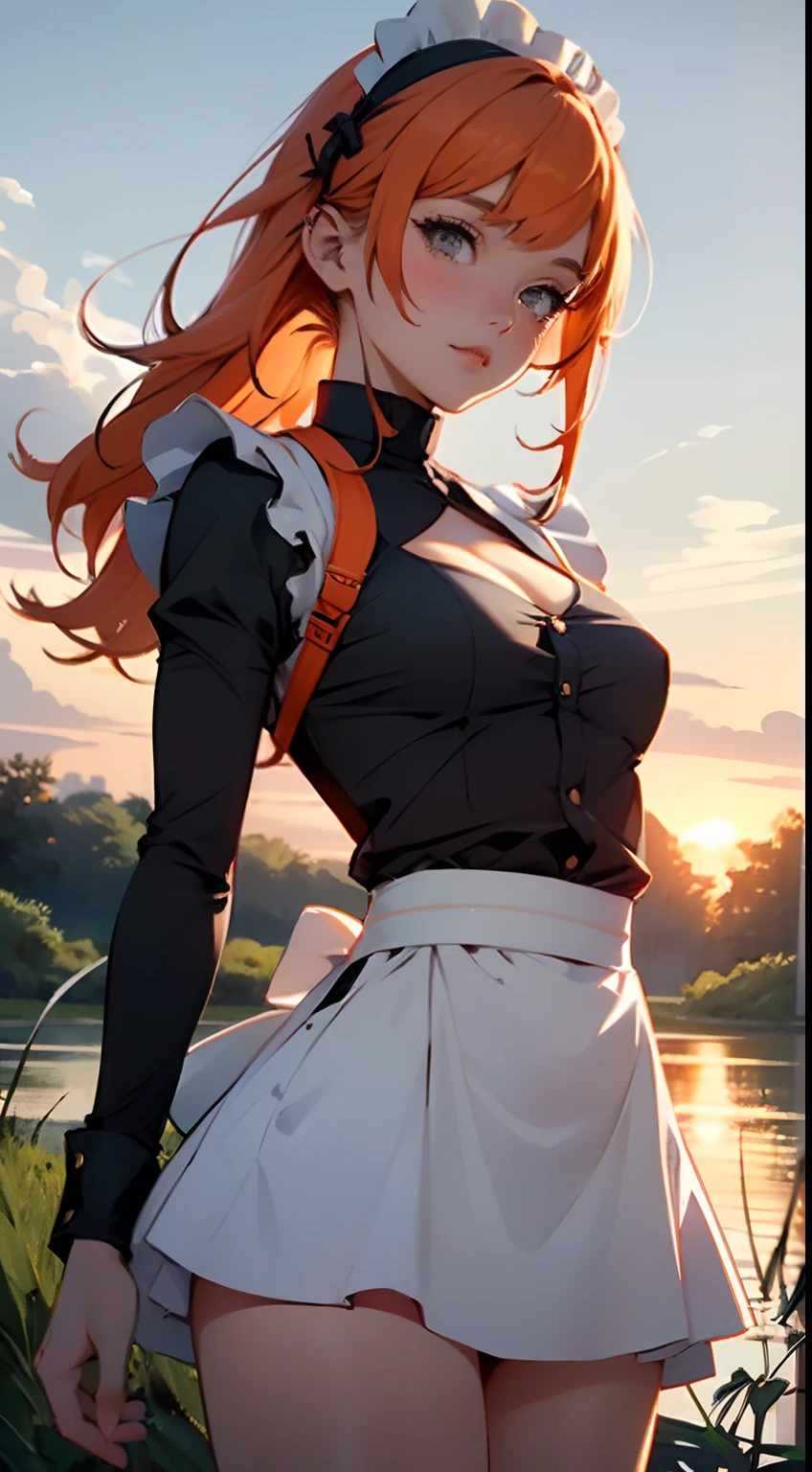 maid girl,(((1girl))),((maid girl with extremely cute and beautiful orange hair)),
Reimagine the iconic character Sakura from Naruto, picture her in adult wearing a sexy shinobi outfit in an open field, sunset backdrop, masterpiece illustration, cinematic, highly detailed,