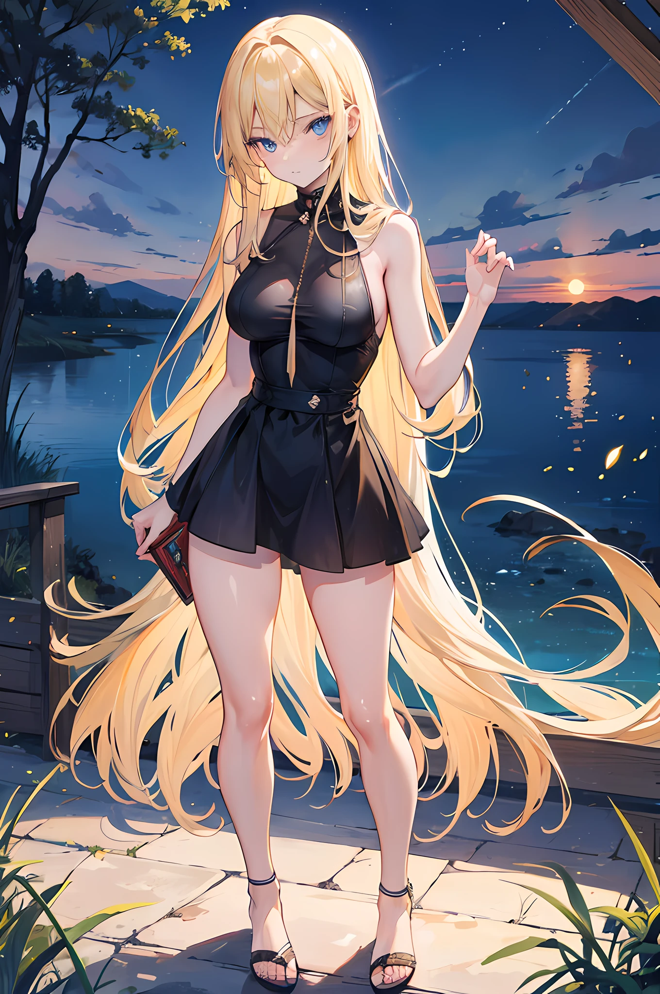 t Quality, 8K, Masterpiece:1.3)), a beautiful blond girl, pure, melon face, gentle and cute, thin figure, wearing string tanga, toni taka style,hyperealistic, (frontal), (tilted head), looking directly into the camera, [detached sleeves::0], [collared shirt::0], [capri pants::0], black silky long straight hair, long hair flowing over the shoulders, round black big eyes, clear big eyes, moist red lips, sweet, sitting by the pond, blue sky and white clouds, sunshine ,, idyllic background