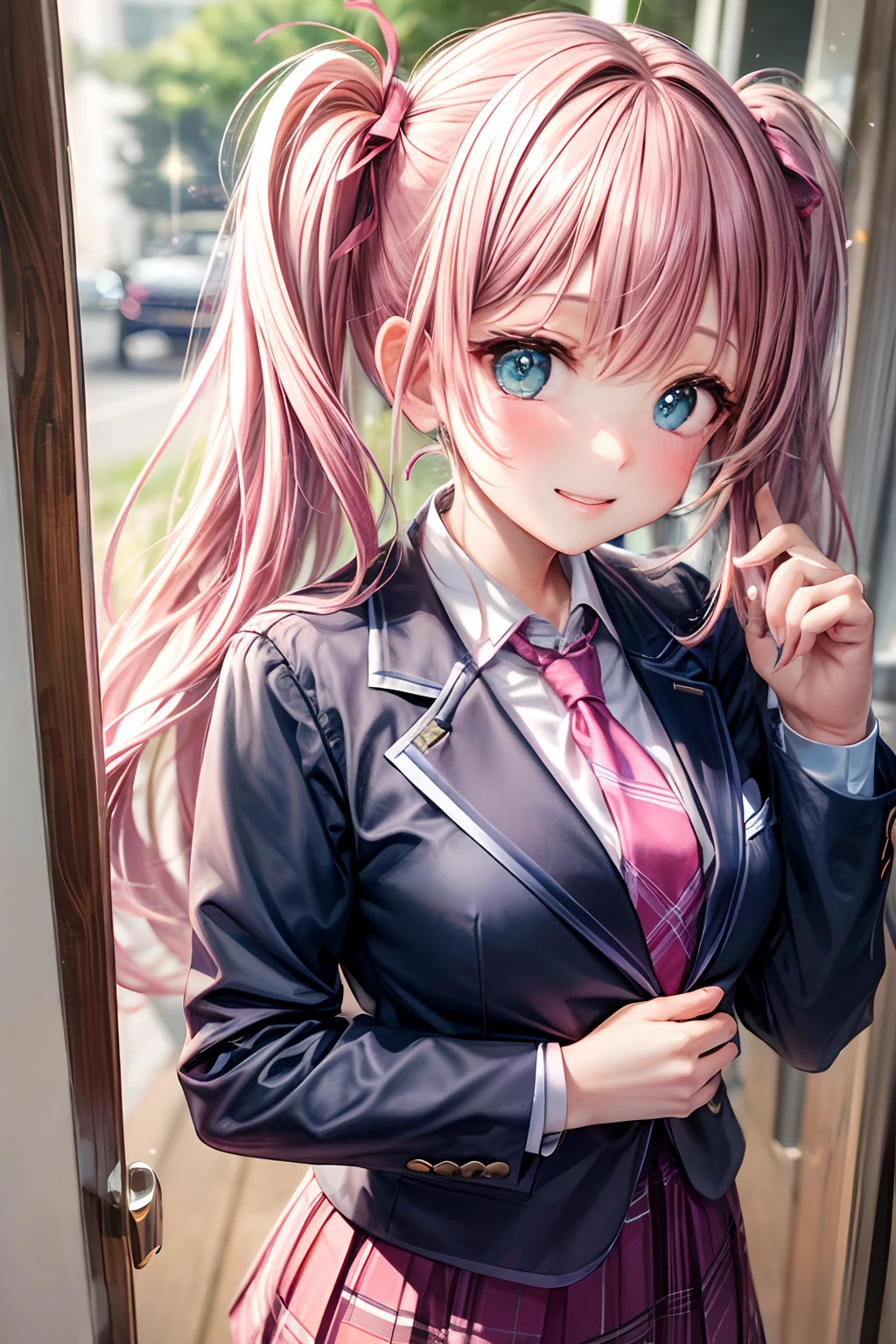(hoang lap,hight resolution,Hyper-detailing,nffsw),tmasterpiece,best qualtiy,1girll ,Handsome,Long pink twin tail hair,A detailed face,Pink twin tails、High School Uniform、Dark blue blazer、Pink mini skirt、Pink tie、Schools,date、full body Esbian、Dimples、,Glorious glitter、Self-shot,lightsmile,(teal eyes)