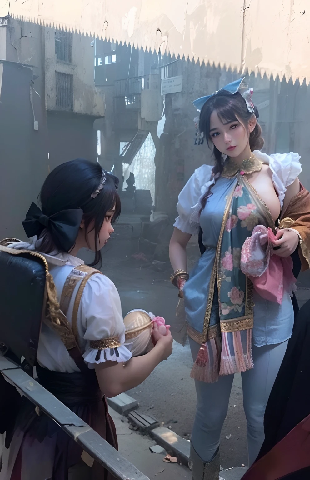 2girl, masterpiece, best quality, 8k, detailed skin texture, detailed cloth texture, beautiful detailed face, intricate details, ultra detailed, big tits, grabs tits, (a bow on her head:1.1), upper body