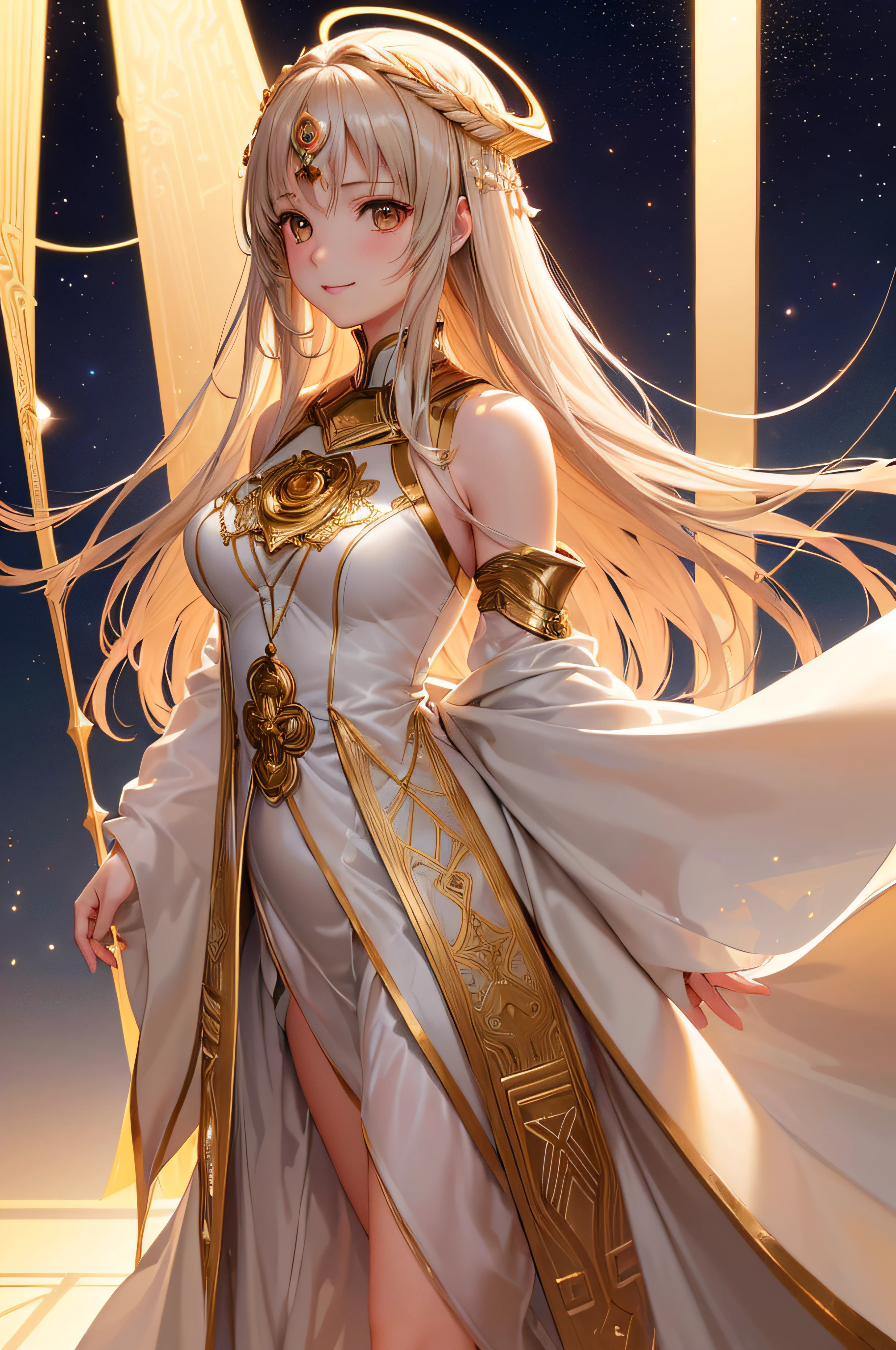 woman, solo, female, ((mature)), divine, godly, light smile, Greek clothes, peplos, light blonde hair, absurdly long hair, floating hair, blue eyes, magic eyes, rainbow eyes, stars, colorful, masterpiece,