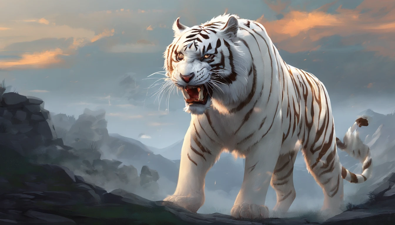 ,the white tiger,long fangs,(buck teeth),tosen,Ferocious,gargantuan,The eyes glow red,Glow effects,High hills,Cloud fog,the night, highly detailed surreal vfx,oc rendered,