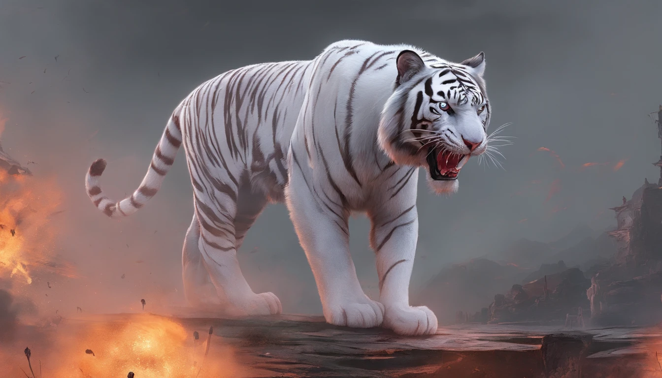 ，the white tiger，long fangs，（buck teeth），tosen，Ferocious，gargantuan，The eyes glow red，Glow effects，High hills，Cloud fog，the night， highly detailed surreal vfx，oc rendered，