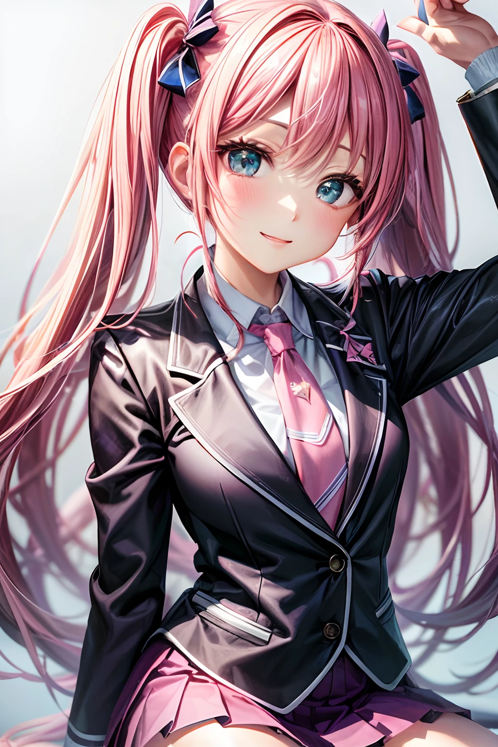 （hoang lap，hight resolution，Hyper-detailing，nffsw），tmasterpiece，best qualtiy，1girll ，Handsome，Long pink twin tail hair，A detailed face，Pink twin tails、High School Uniform、Dark blue blazer、Pink mini skirt、Pink tie、Schools，date、full body Esbian、Dimples、，Glorious glitter、Self-shot，lightsmile，（teal eyes）