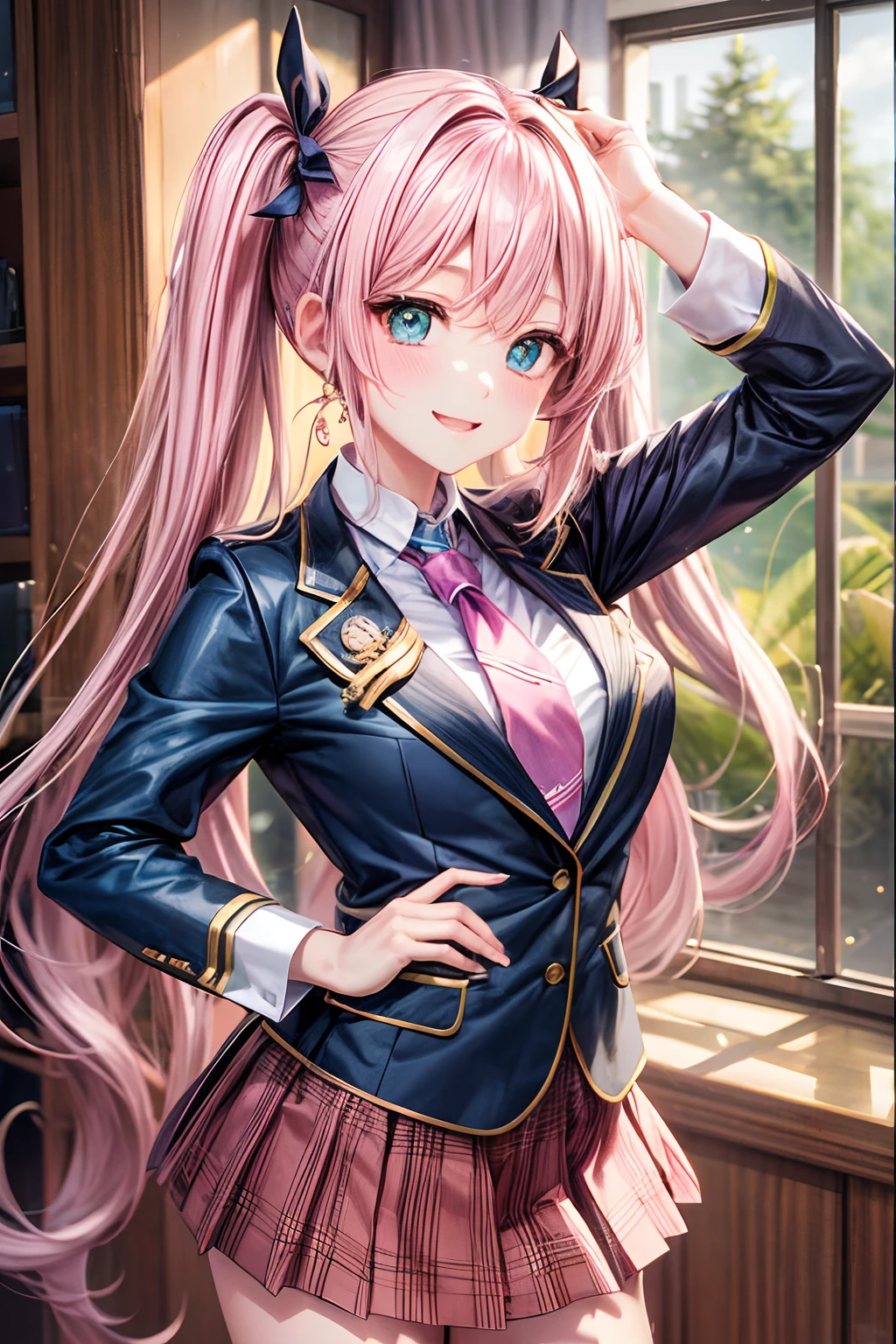 (hoang lap,hight resolution,Hyper-detailing,nffsw),tmasterpiece,best qualtiy,1girll ,Handsome,Long pink twin tail hair,A detailed face,Pink twin tails、High School Uniform、Dark blue blazer、Pink mini skirt、Pink tie、Schools,date、full body Esbian、Dimples、,Glorious glitter、Self-shot,lightsmile,(teal eyes)